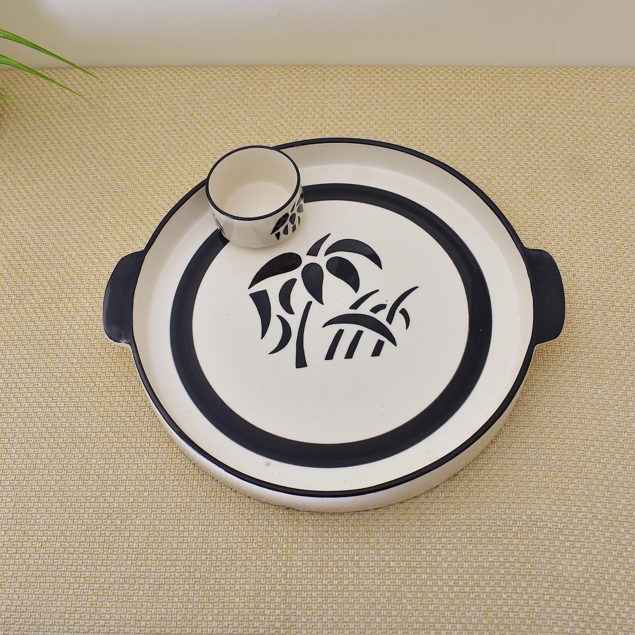 KunhaR Ceramic Platter, Pizza Plate, Round Serving Plate 8 Inch With Serving Chutney Bowl, White Tree - Image 3
