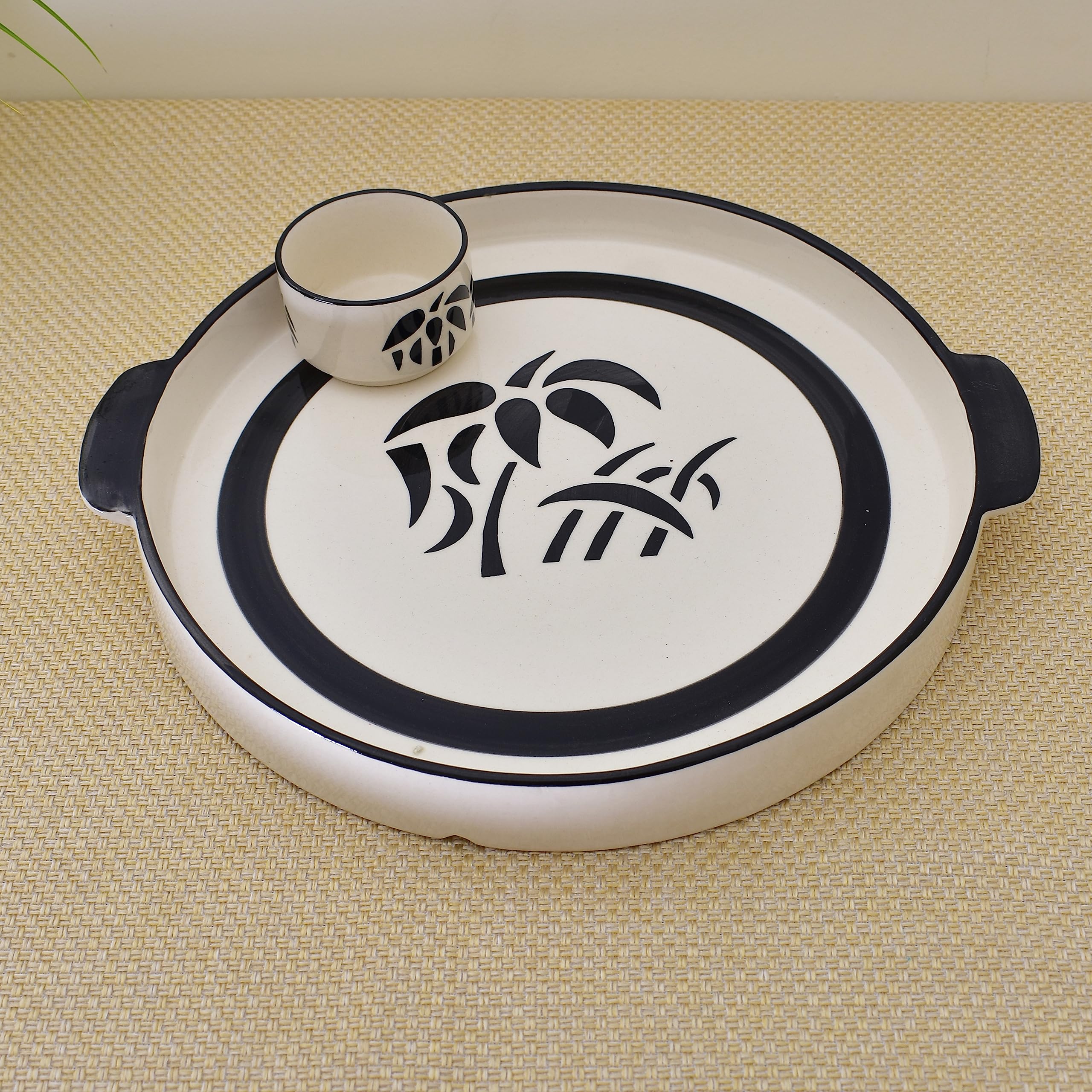 KunhaR Ceramic Platter, Pizza Plate, Round Serving Plate 8 Inch With Serving Chutney Bowl, White Tree - Image 4