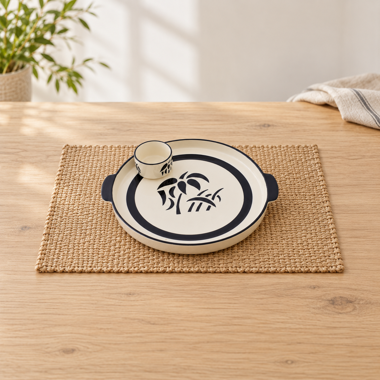 KunhaR Ceramic Platter, Pizza Plate, Round Serving Plate 8 Inch With Serving Chutney Bowl, White Tree