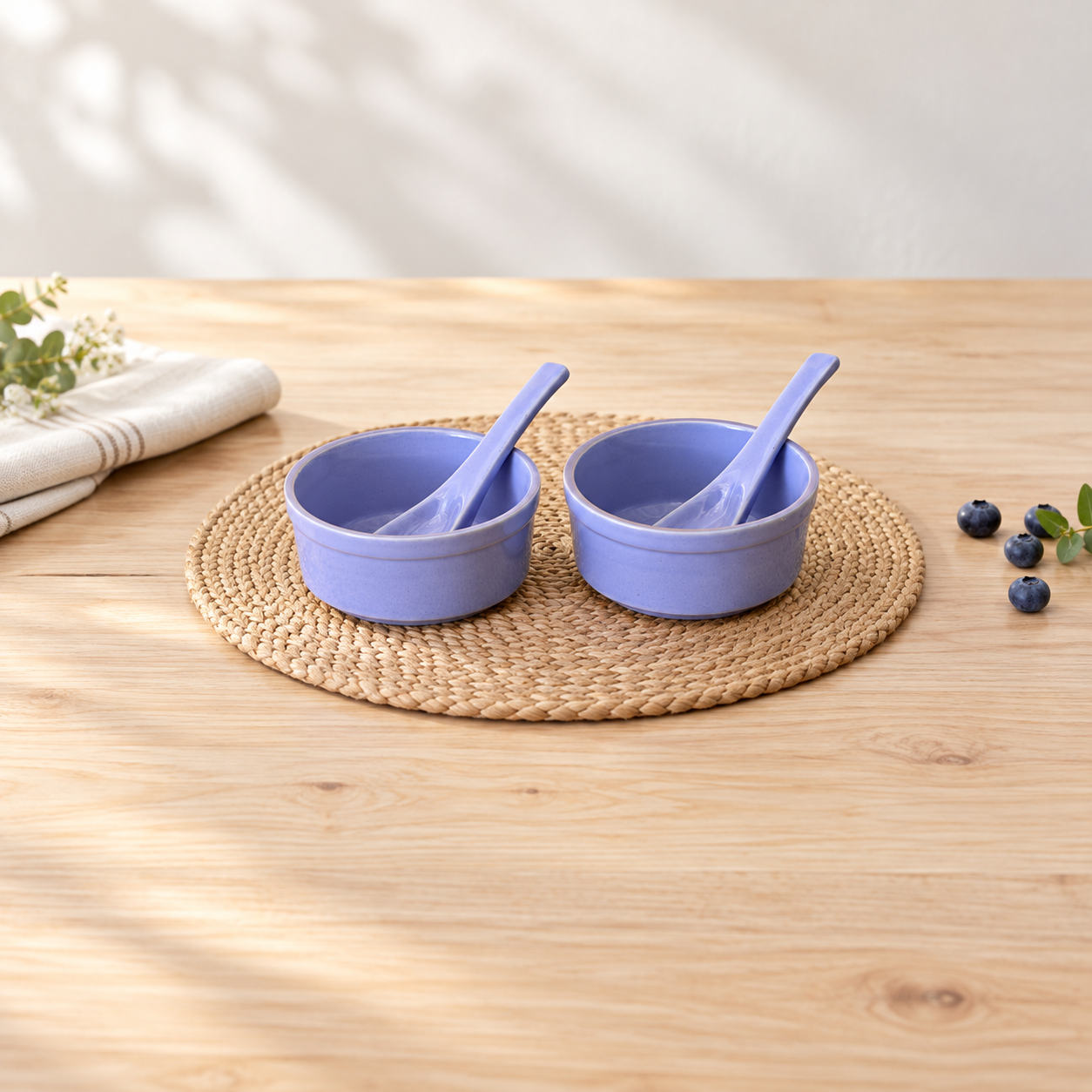 Kunhar Ceramic Bowls - 300 ML, 2 Pieces, Lavender Blue with 2 Spoon