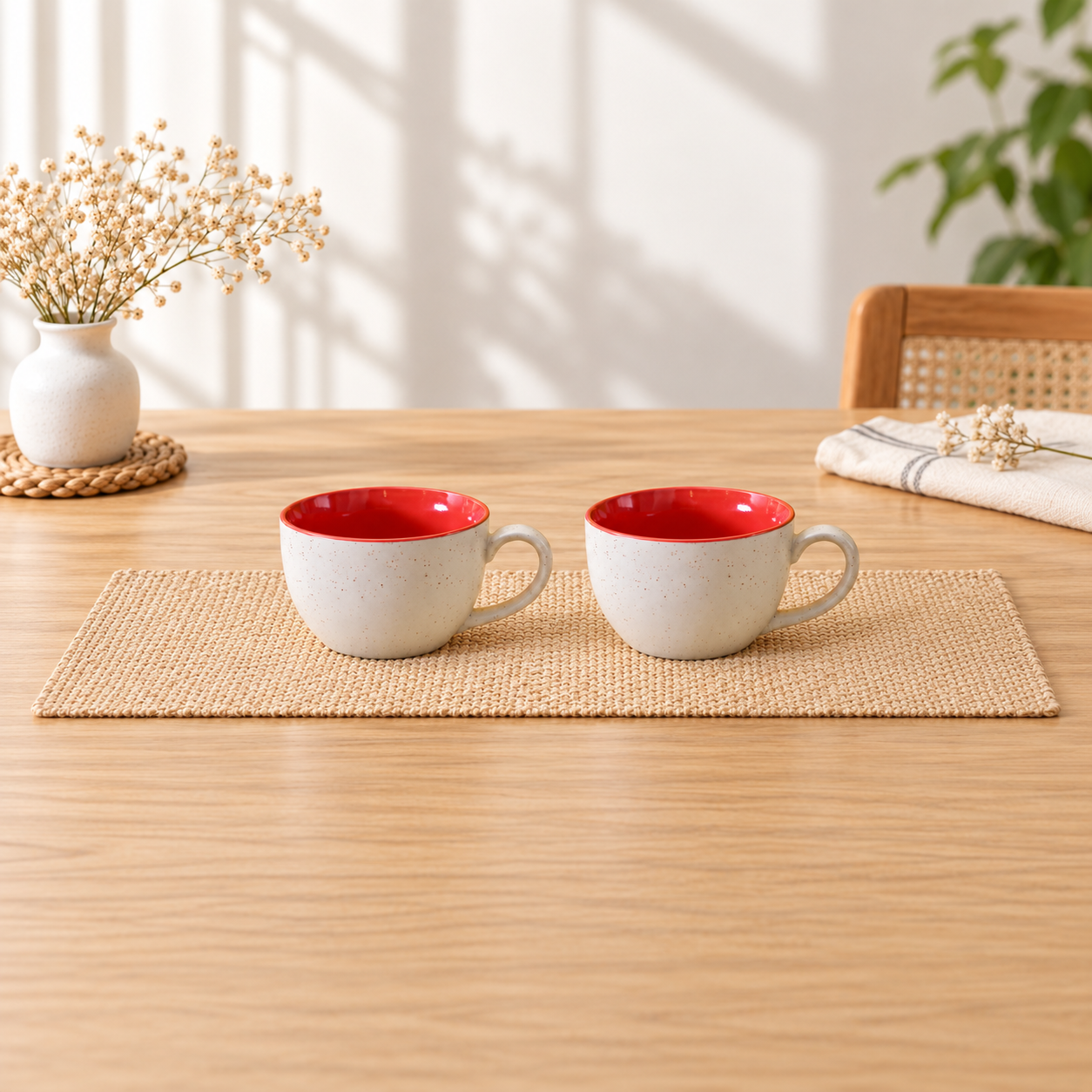 Kunhar Ceramic Soup Mug - White Red, 2 Piece, 350 ML