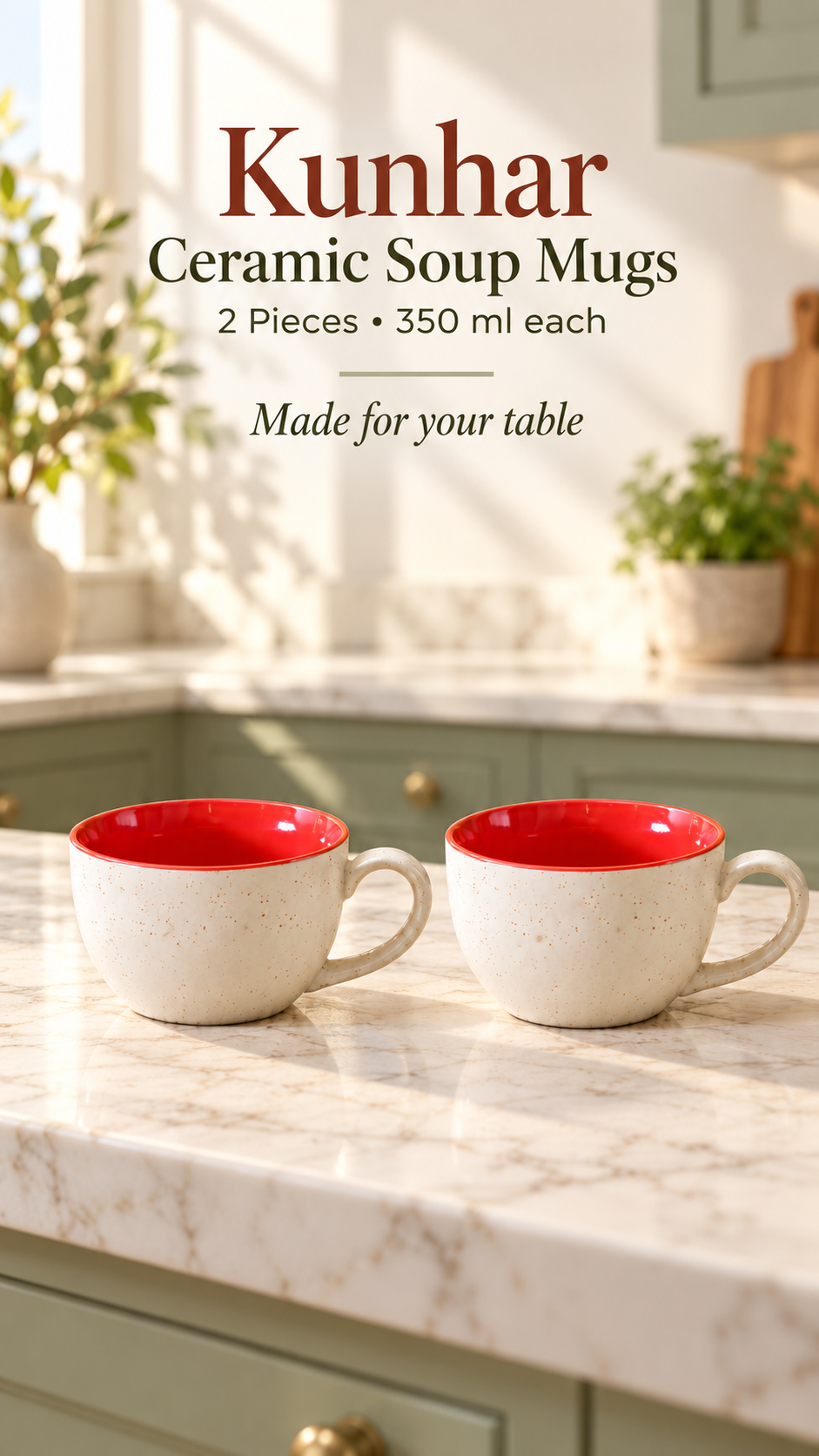 KunhaR Ceramic Soup Mug - White Red, 2 Piece, 350 ml