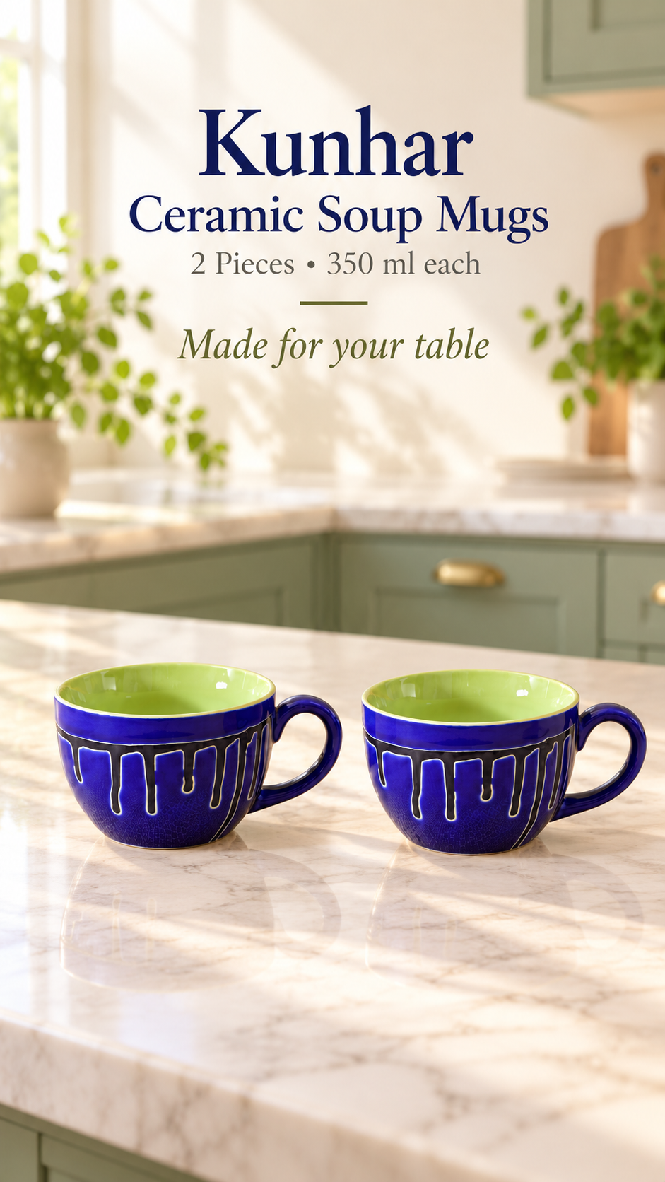 KunhaR Ceramic Soup Mug - Blue Green, 2 Piece, 350 ml