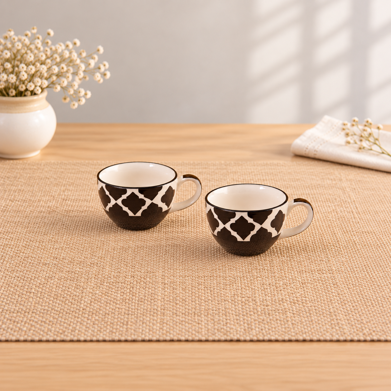 Kunhar Ceramic Soup Mug - White Black, 2 Piece, 350 ML