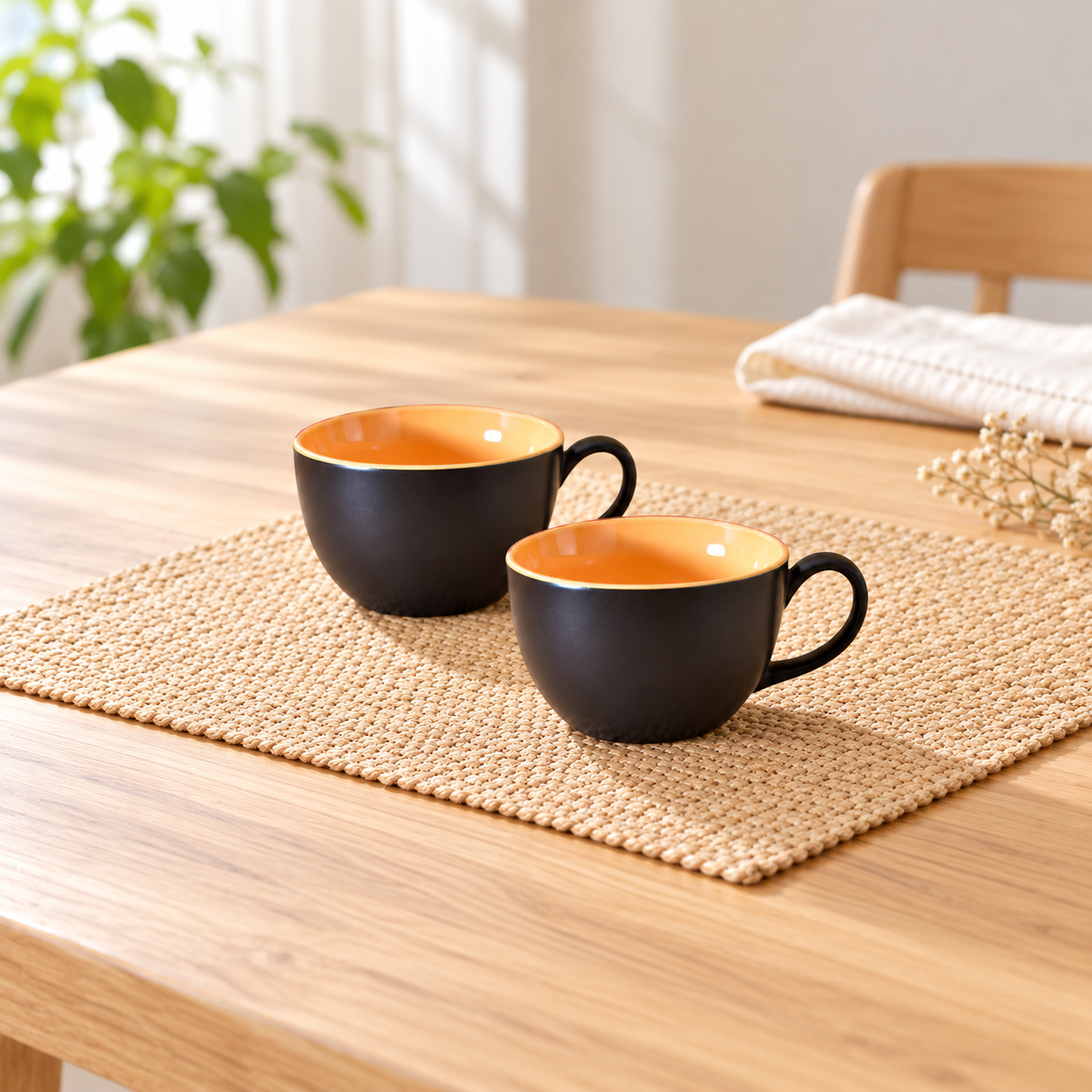 Kunhar Ceramic Soup Mug - Black Orange, 2 Piece, 350 ML