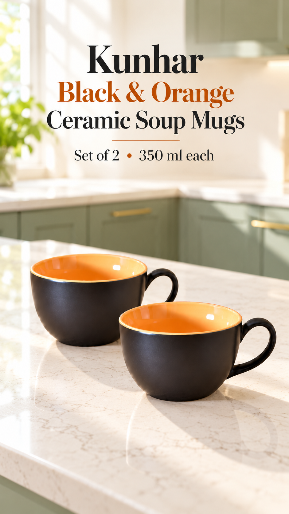 KunhaR Ceramic Soup Mug - Black Orange, 2 Piece, 350 ml