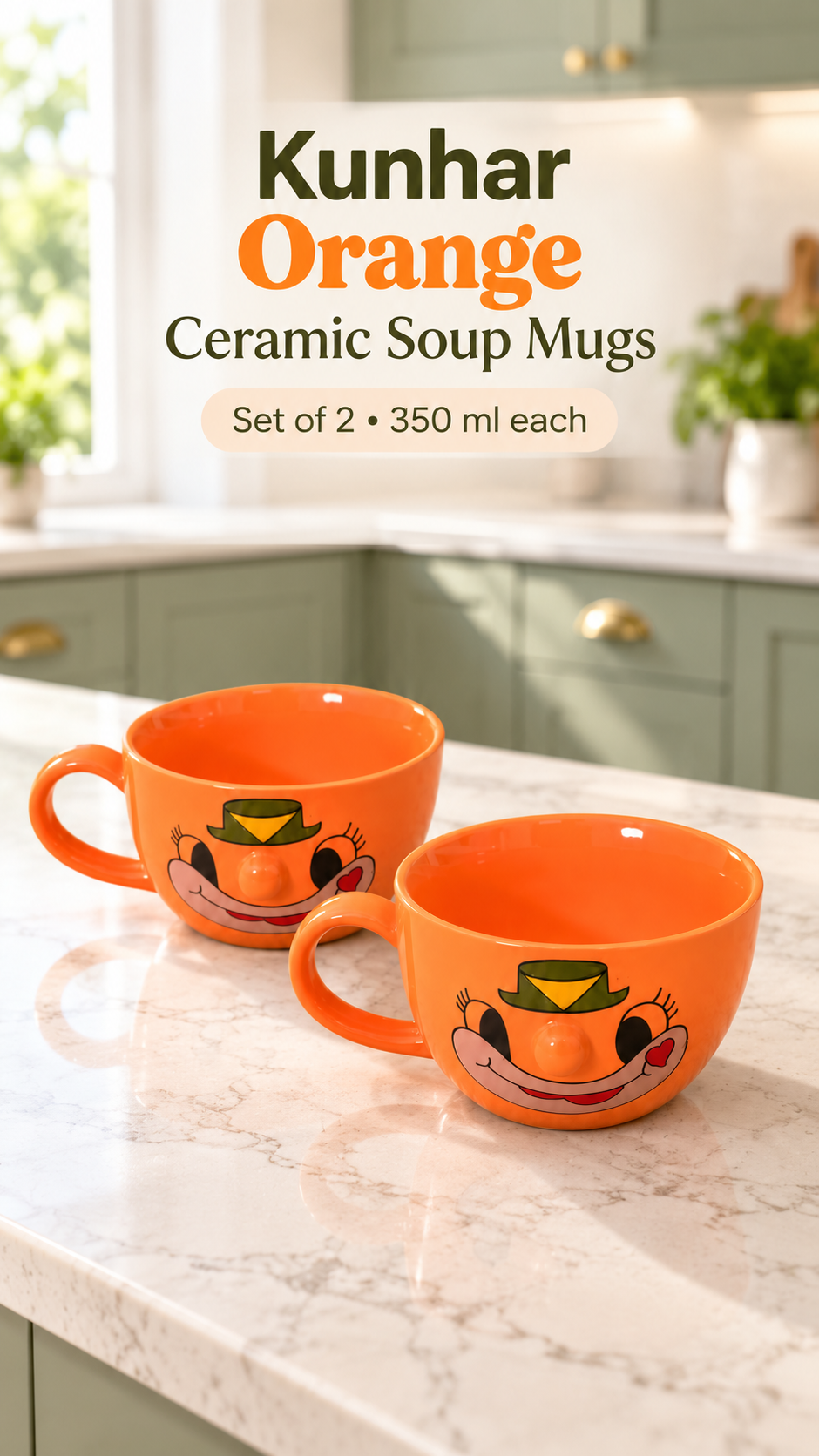 KunhaR Ceramic Soup Mug - Orange, 2 Piece, 350 ml