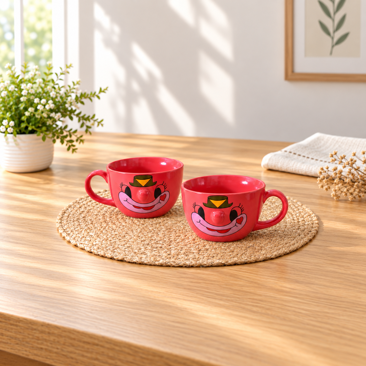 Kunhar Ceramic Soup Mug - Light Red, 2 Piece, 350 ML