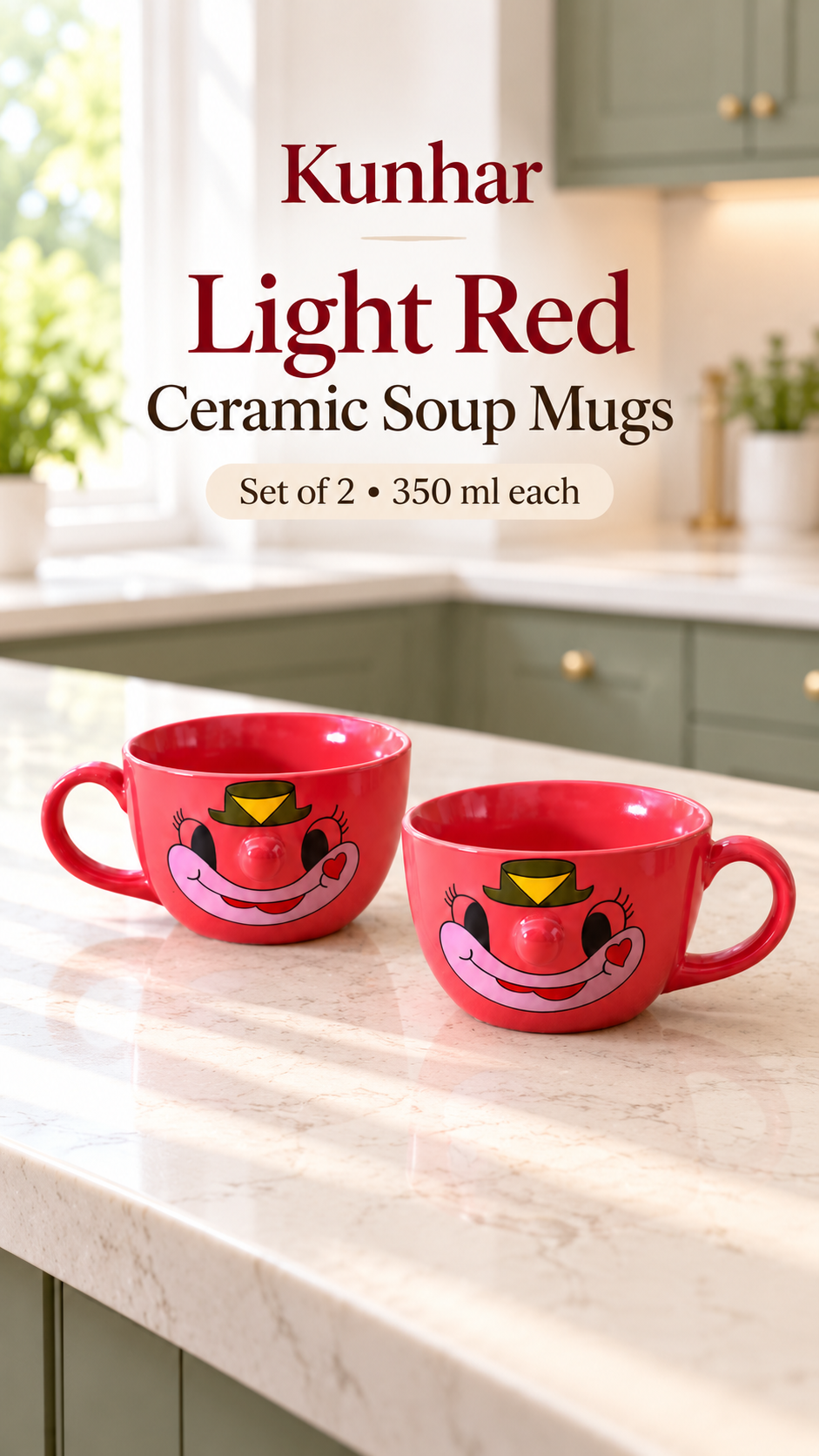 KunhaR Ceramic Soup Mug - Light Red, 2 Piece, 350 ml