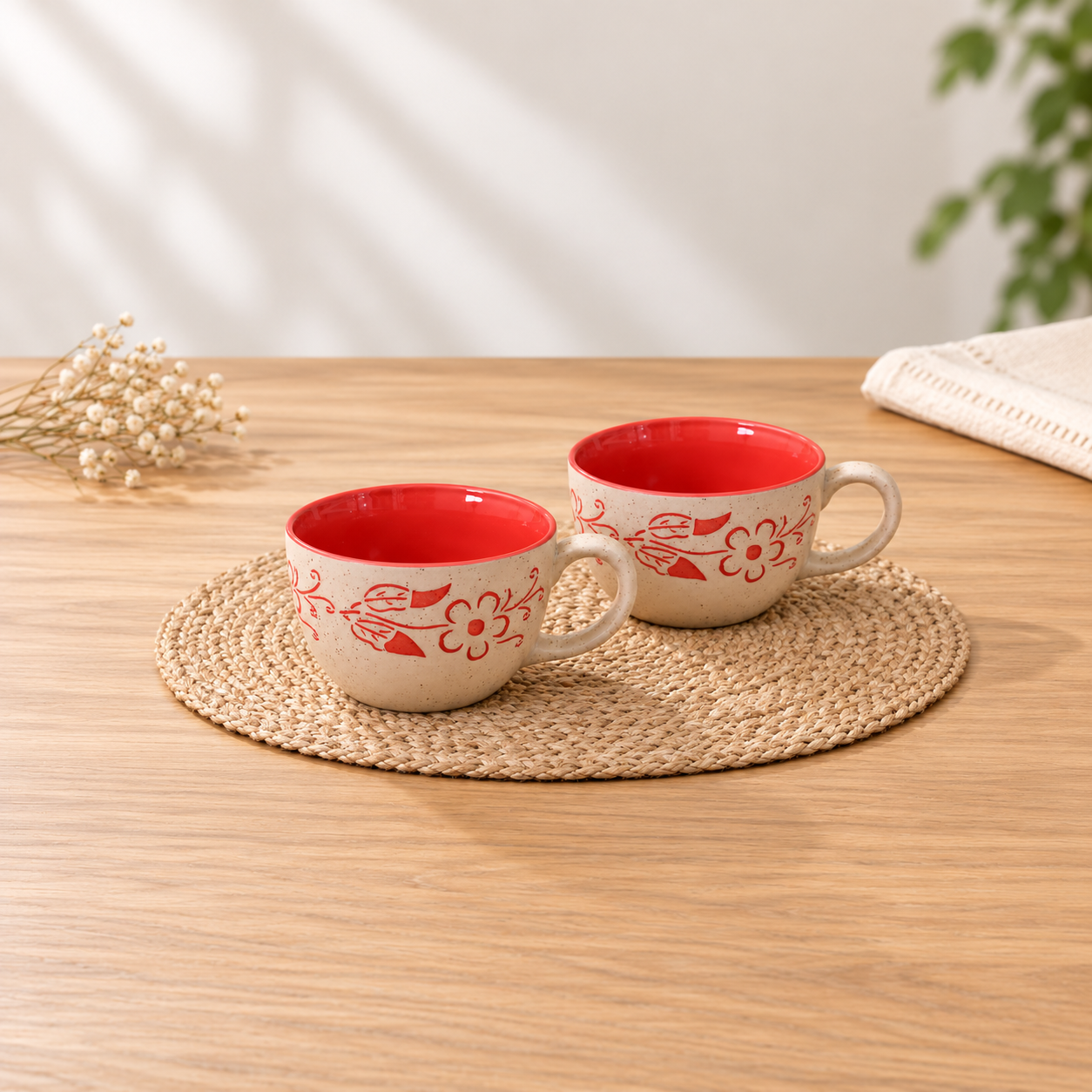 Kunhar Ceramic Soup Mug - White Red, 2 Piece, 350 ML