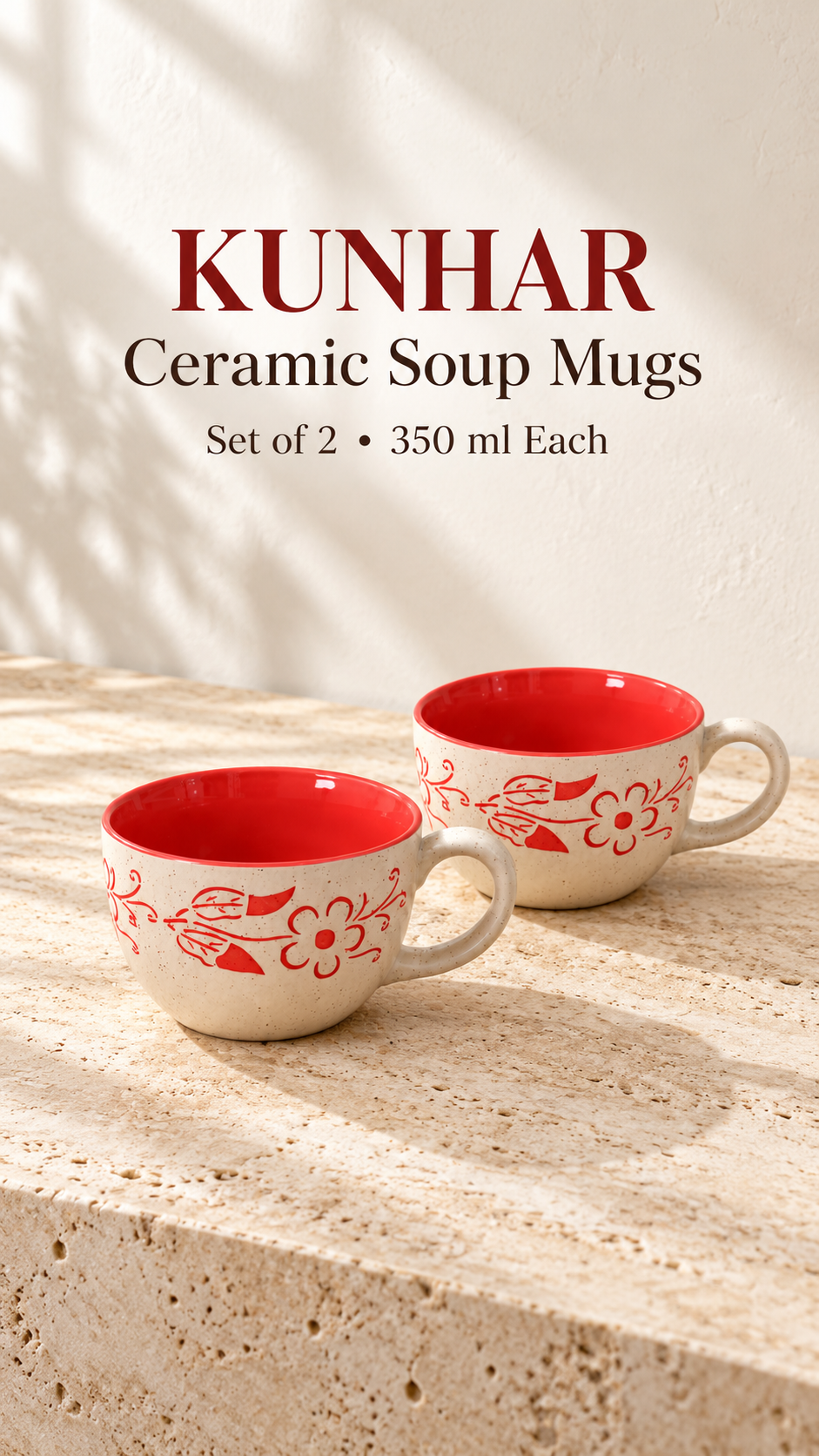 KunhaR Ceramic Soup Mug - White Red, 2 Piece, 350 ml