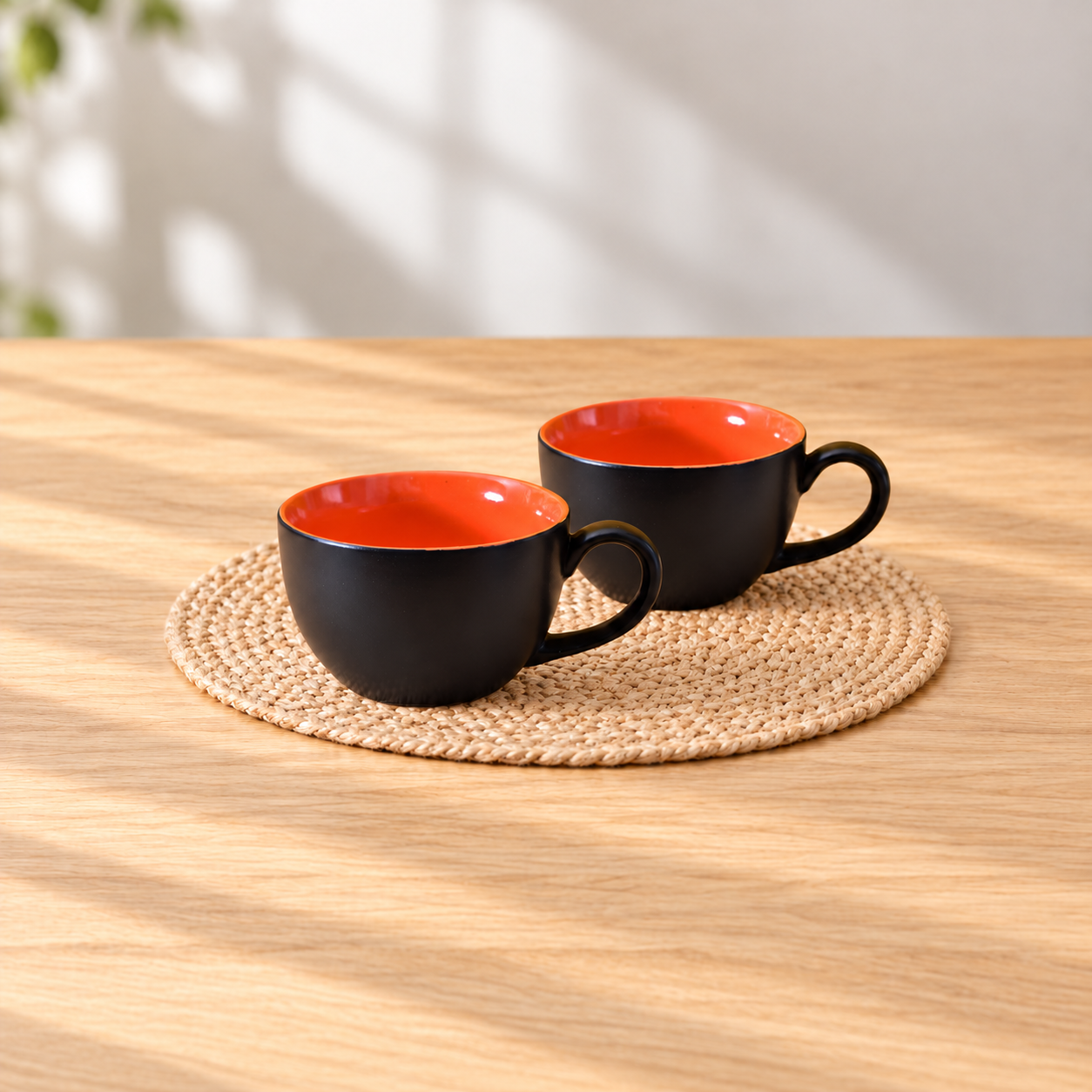 Kunhar Ceramic Soup Mug - Black Red, 2 Piece, 350 ML