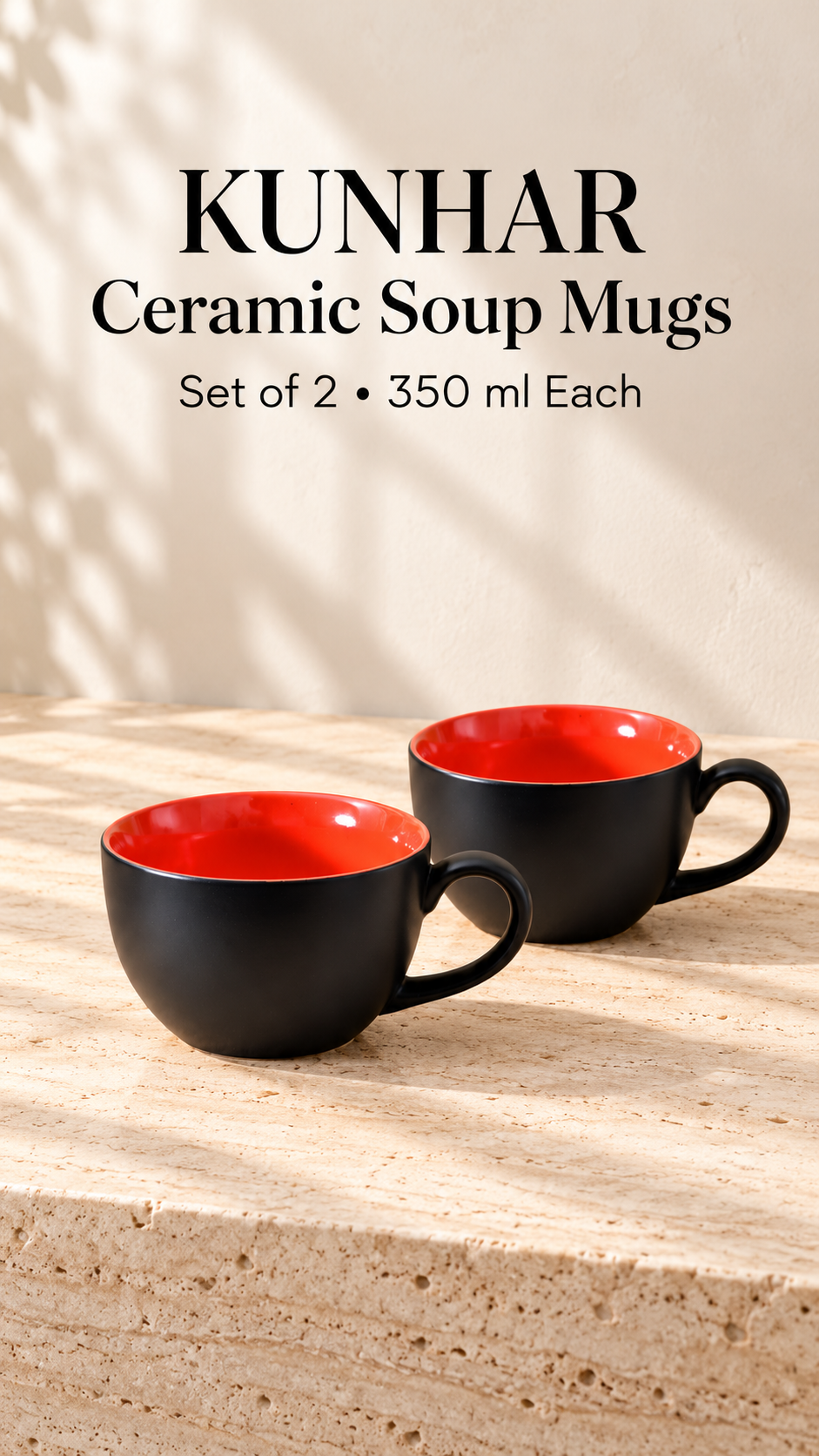 KunhaR Ceramic Soup Mug - Black Red, 2 Piece, 350 ml