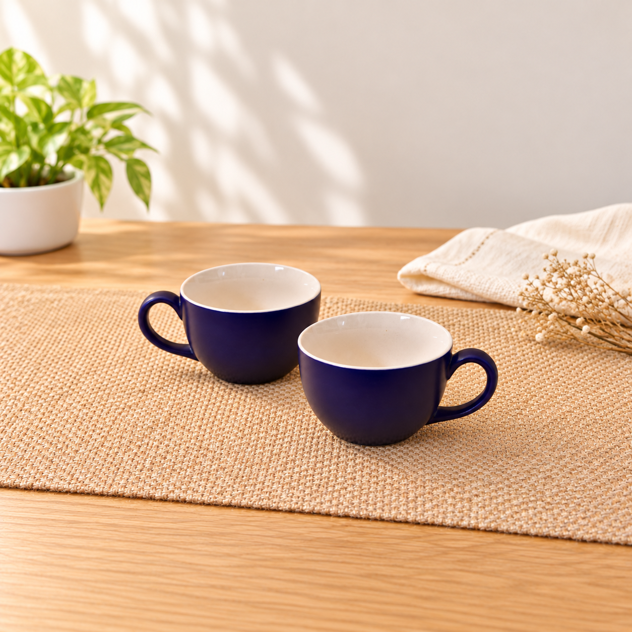 Kunhar Ceramic Soup Mug - White Blue, 2 Piece, 350 ML