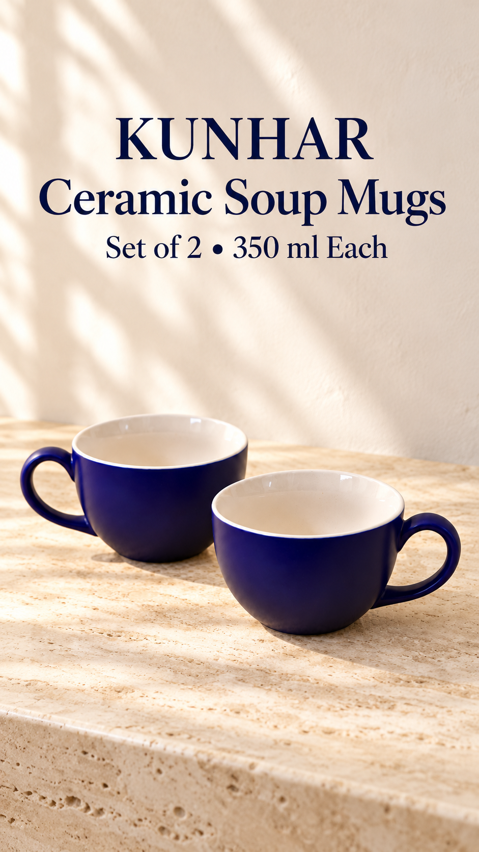 KunhaR Ceramic Soup Mug - White Blue, 2 Piece, 350 ml