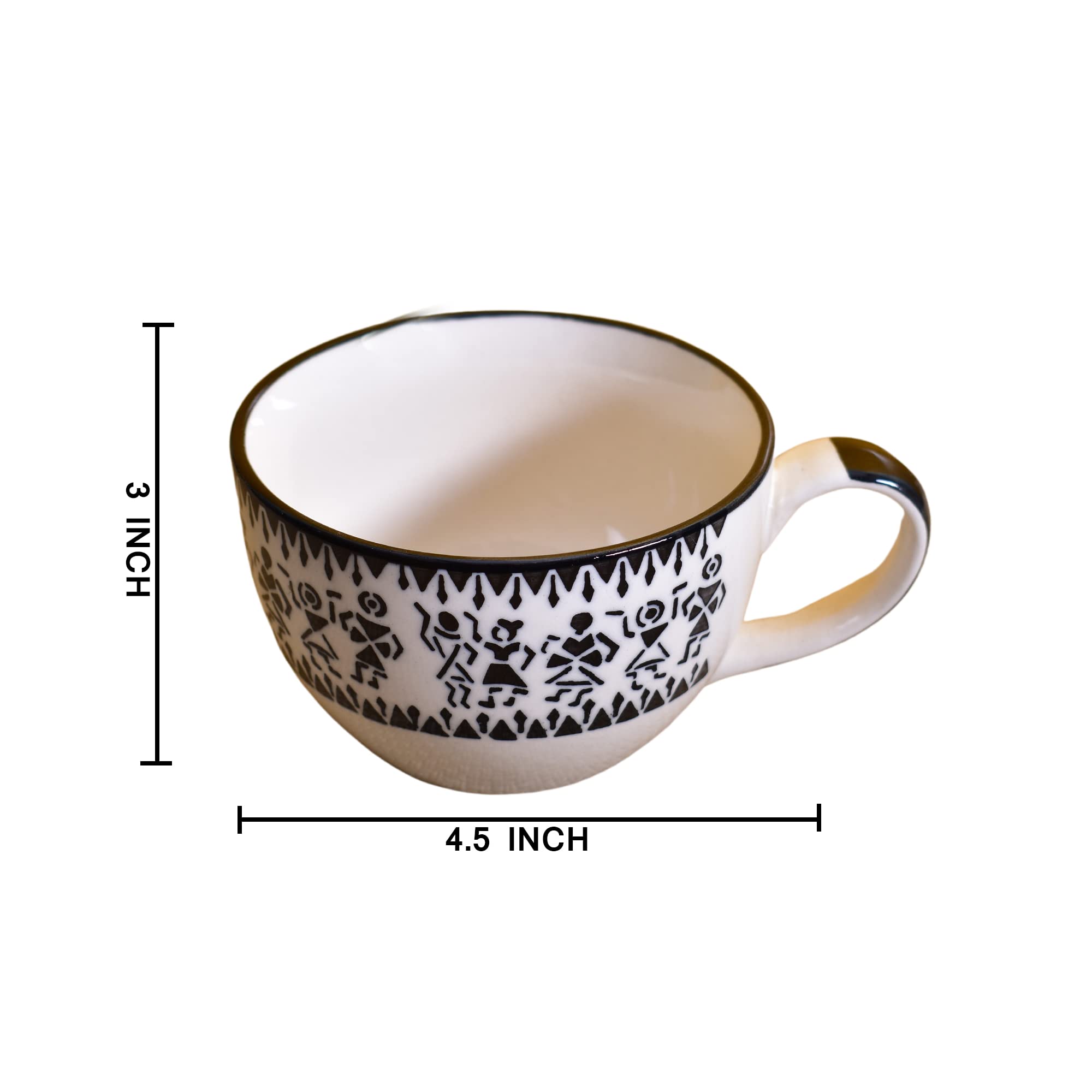 Kunhar Ceramic Soup Mug - White Warli Painting, 2 Pieces, 350 ML - Image 2