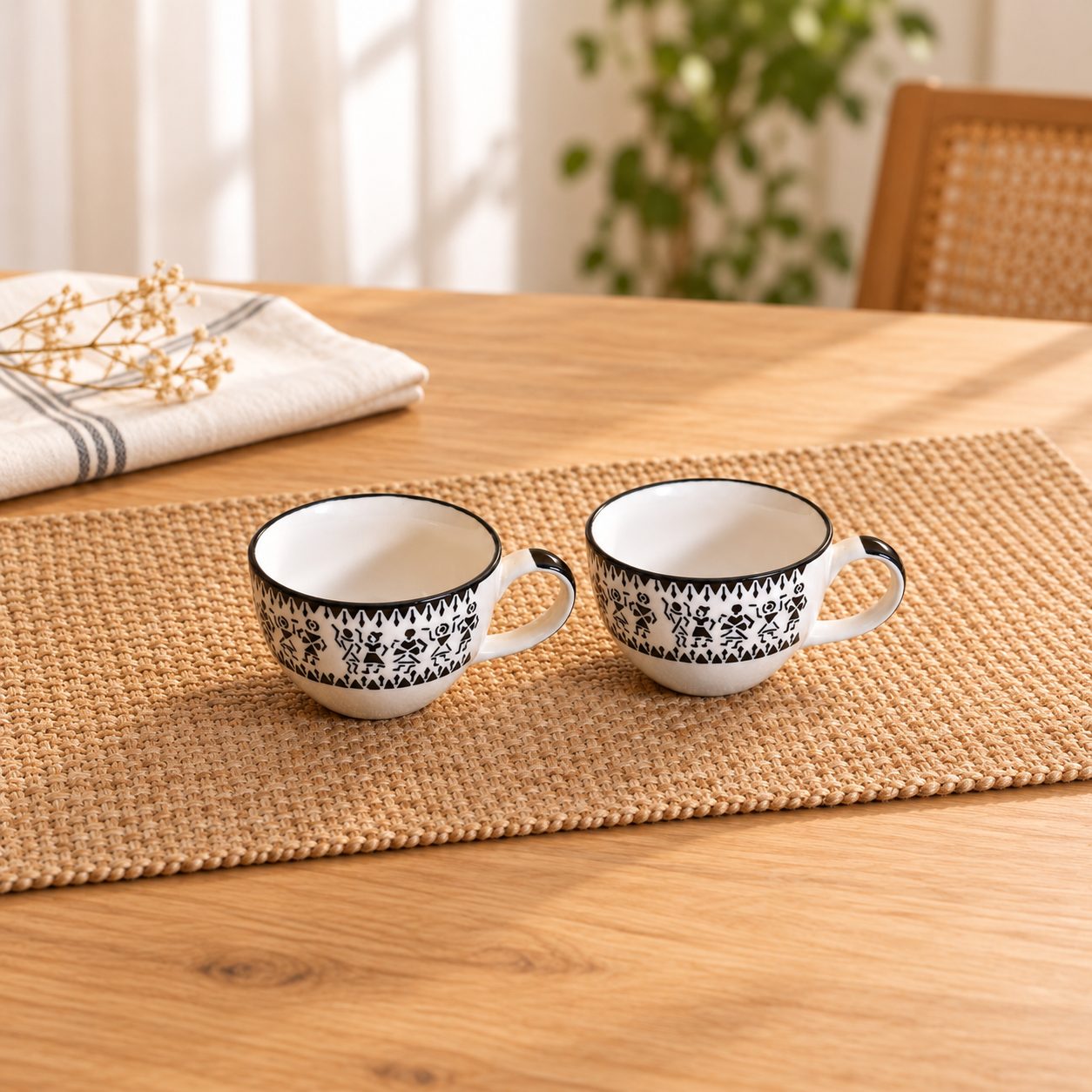Kunhar Ceramic Soup Mug - White Warli Painting, 2 Pieces, 350 ML