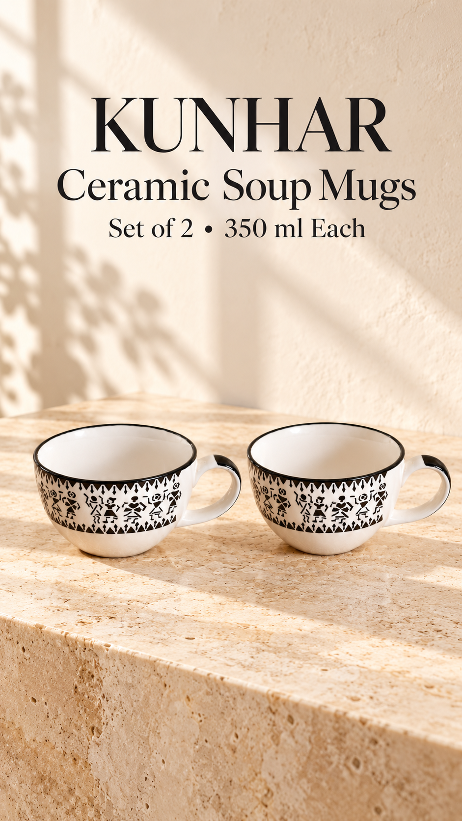 KunhaR Ceramic Soup Mug - White Warli Painting, 2 Pieces, 350 ml