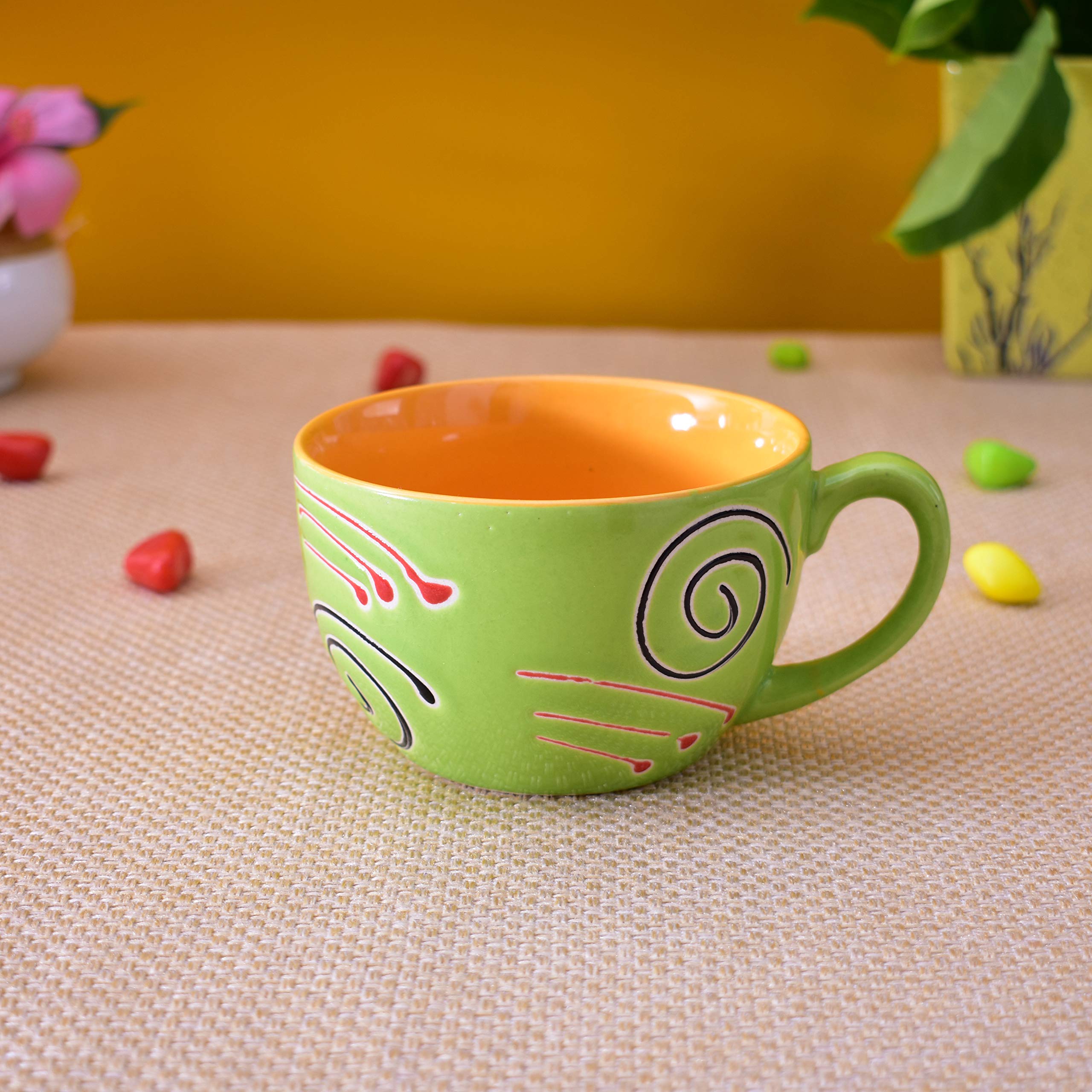 Kunhar Ceramic Soup Mug - Green Orange, 2 Piece, 350 ML - Image 3