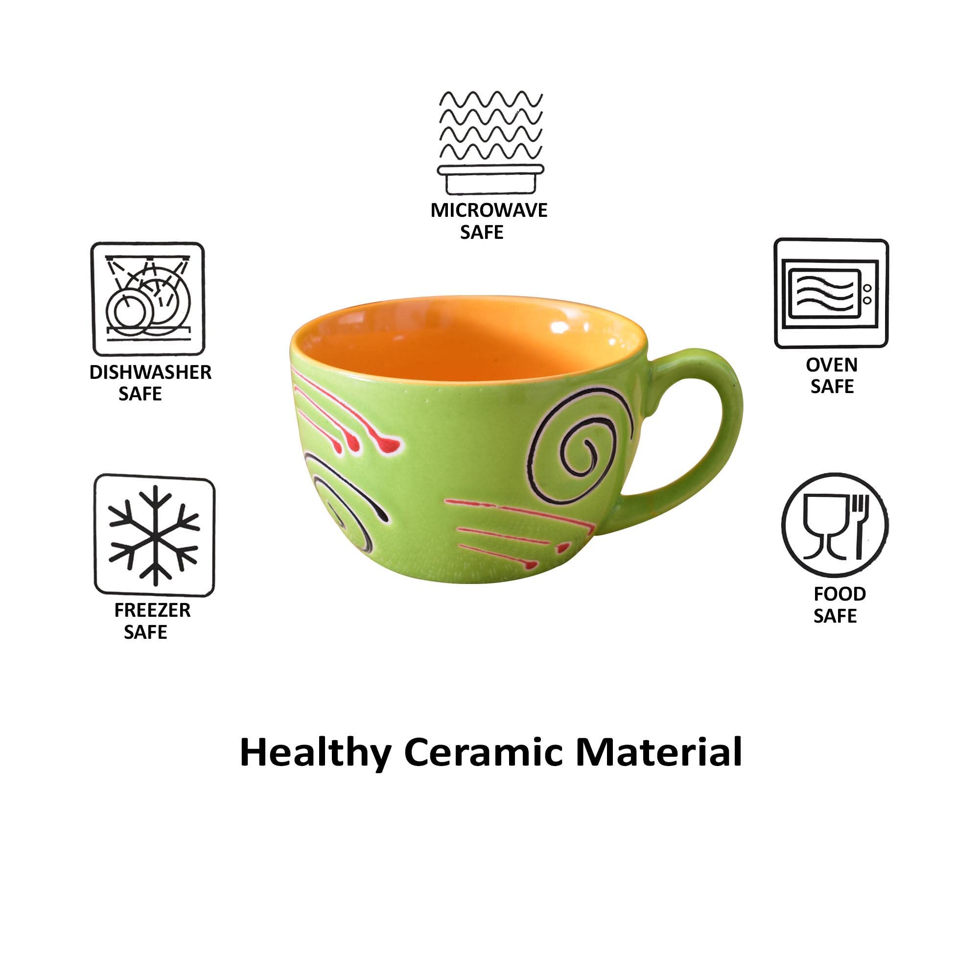 Kunhar Ceramic Soup Mug - Green Orange, 2 Piece, 350 ML - Image 6
