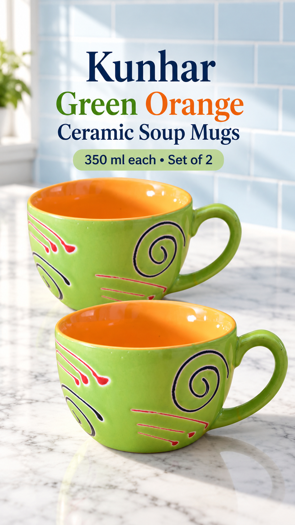 KunhaR Ceramic Soup Mug - Green Orange, 2 Piece, 350 ml