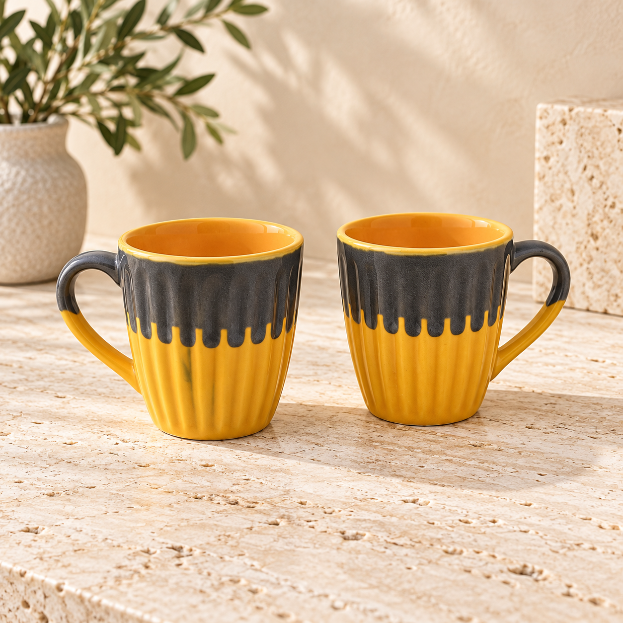 Kunhar Ceramic Coffee Mugs, 200 ml Each, Set of 2, Yellow and Grey