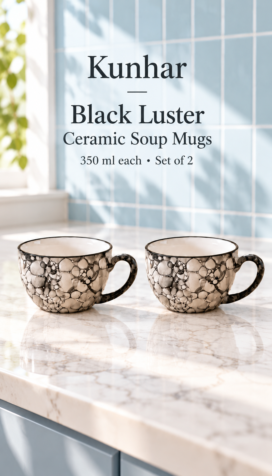 KunhaR Ceramic Soup Mug - Black Luster, 2 Piece, 350 ml