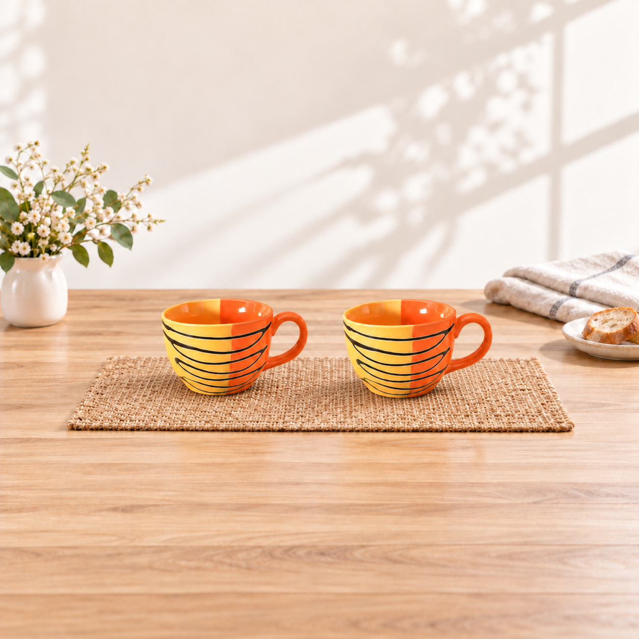 Kunhar Ceramic Soup Mug - Orange Yellow, 2 Piece, 350 ML