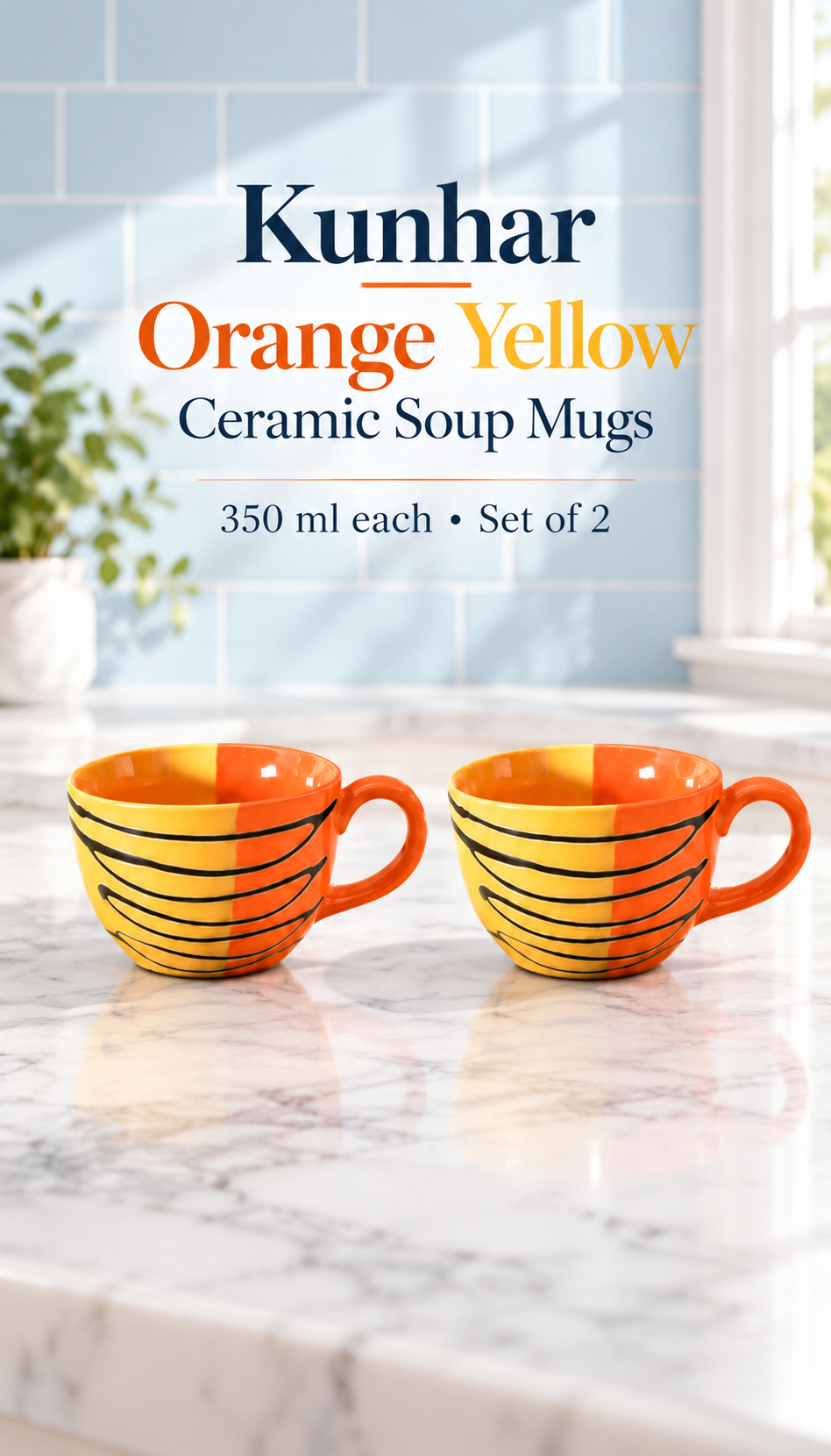 KunhaR Ceramic Soup Mug - Orange Yellow, 2 Piece, 350 ml