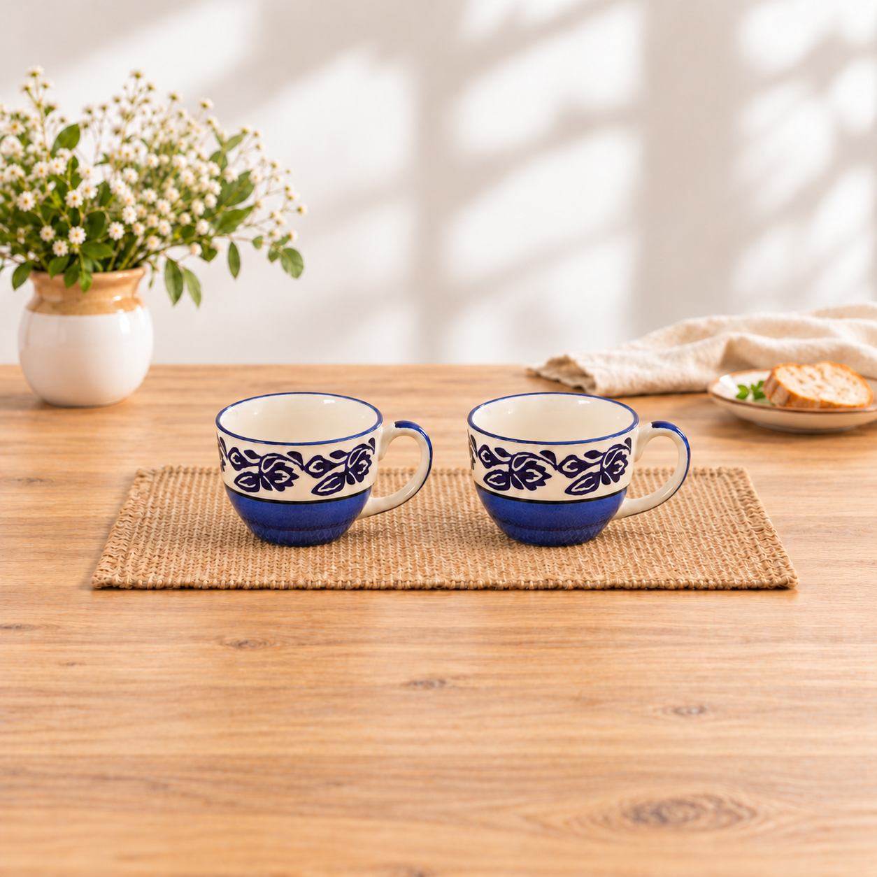 Kunhar Ceramic Soup Mug - Blue Vine, 2 Piece, 350 ML