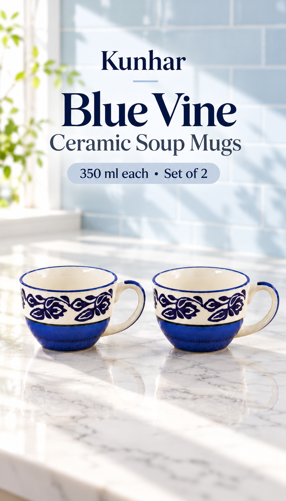 KunhaR Ceramic Soup Mug - Blue Vine, 2 Piece, 350 ML