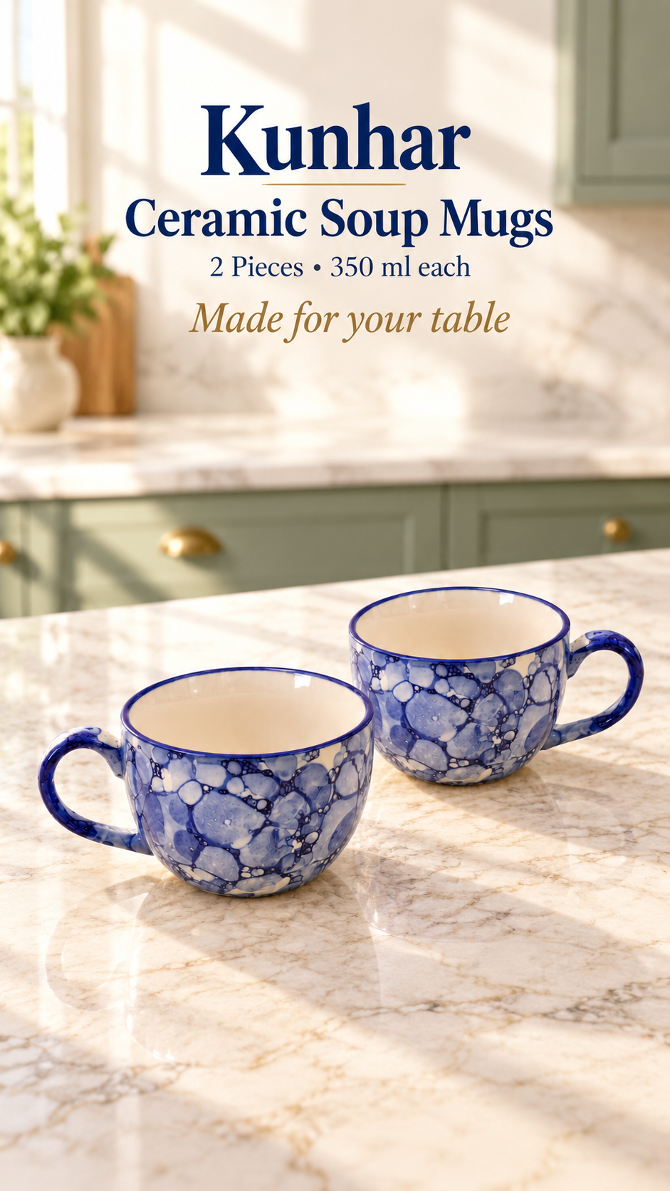 KunhaR Ceramic Soup Mug - Blue Luster, 2 Piece, 350 ml