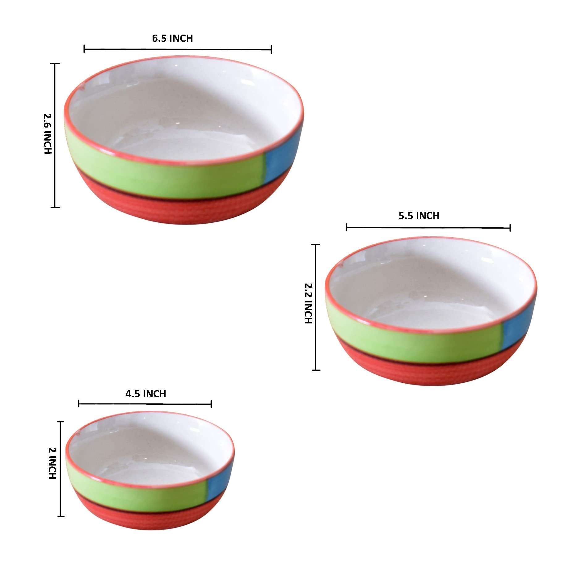 Kunhar Ceramic Mixing Bowls - 750 ML, 500 ML and 300 ML, 3 Pieces, Red - Image 2