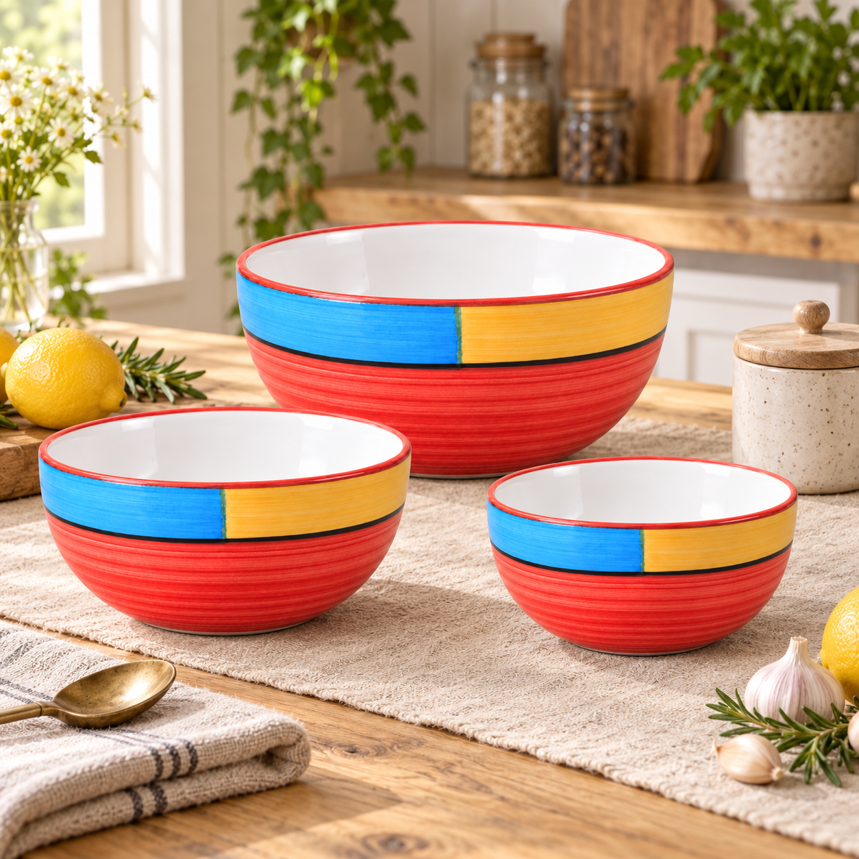 KunhaR Ceramic Mixing Bowl Set, 800 ml, 600 ml & 400 ml, Red | Set of 3 Nesting Bowls for Mixing, Serving, Salad, Pasta, Snacks & Kitchen Prep