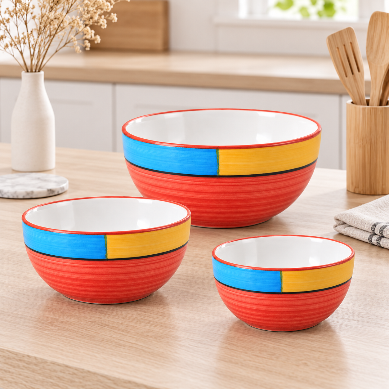 KunhaR Ceramic Mixing Bowl Set, 800 ml, 600 ml & 400 ml, Red | Set of 3 Nesting Bowls for Mixing, Serving, Salad, Pasta, Snacks & Kitchen Prep - Image 2