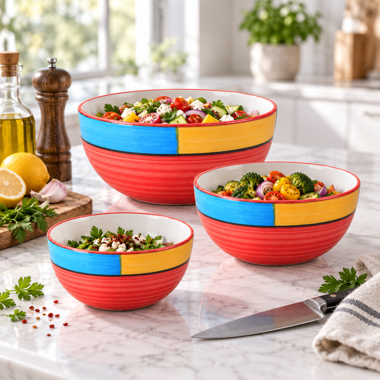 KunhaR Ceramic Mixing Bowl Set, 800 ml, 600 ml & 400 ml, Red | Set of 3 Nesting Bowls for Mixing, Serving, Salad, Pasta, Snacks & Kitchen Prep - Image 4