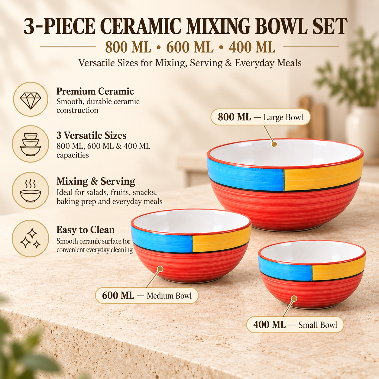 KunhaR Ceramic Mixing Bowl Set, 800 ml, 600 ml & 400 ml, Red | Set of 3 Nesting Bowls for Mixing, Serving, Salad, Pasta, Snacks & Kitchen Prep - Image 7