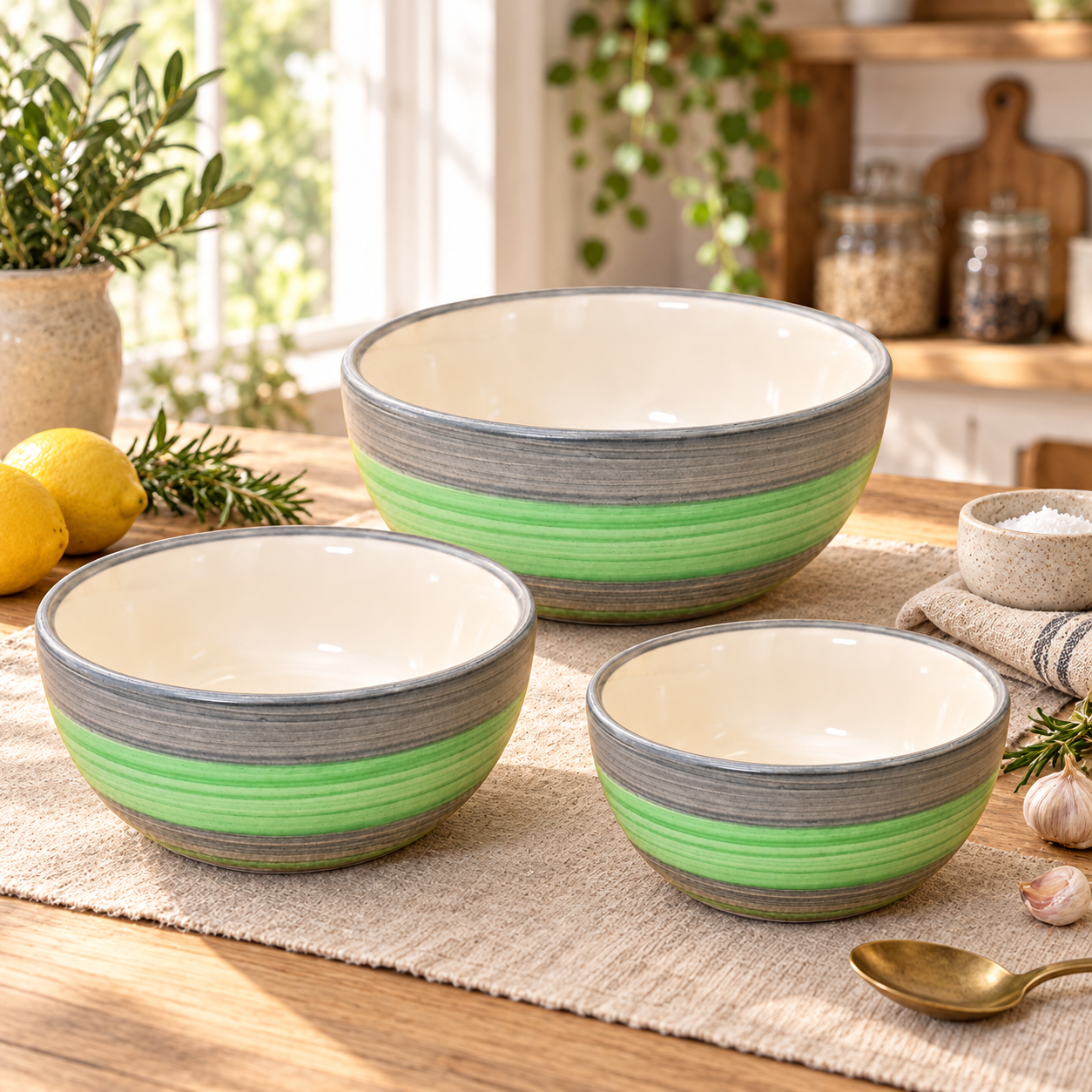 KunhaR Ceramic Mixing Bowl Set, 800 ml, 600 ml & 400 ml, Green Gray | Set of 3 Nesting Bowls for Mixing, Serving, Salad, Pasta, Snacks & Kitchen Prep