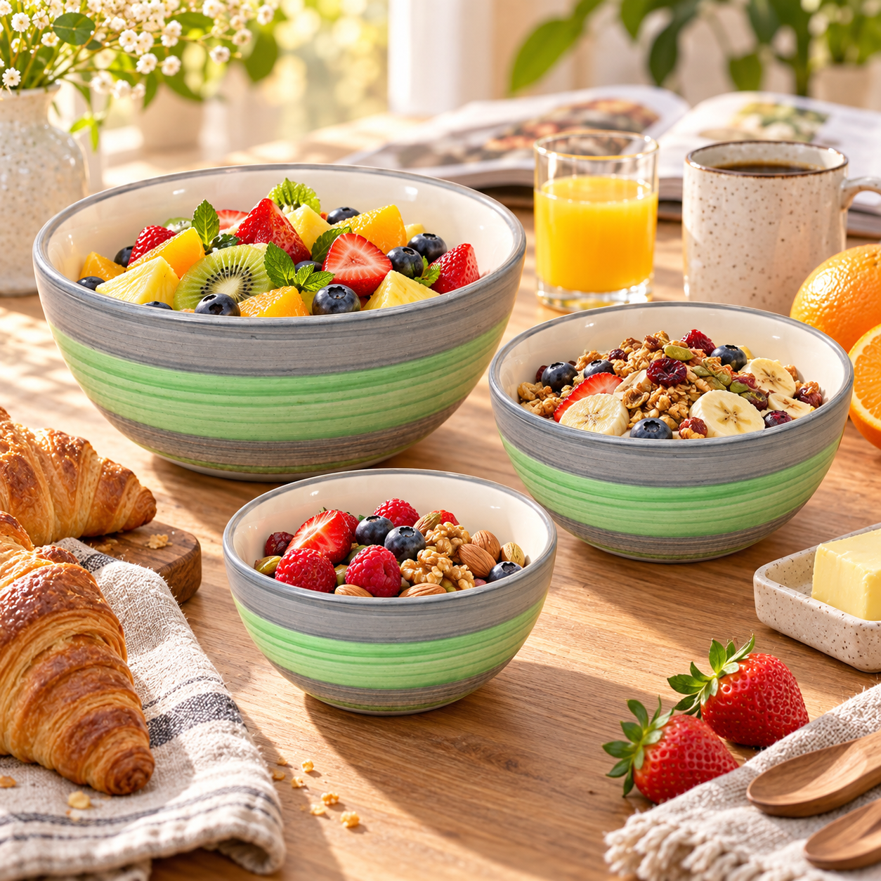 KunhaR Ceramic Mixing Bowl Set, 800 ml, 600 ml & 400 ml, Green Gray | Set of 3 Nesting Bowls for Mixing, Serving, Salad, Pasta, Snacks & Kitchen Prep - Image 4