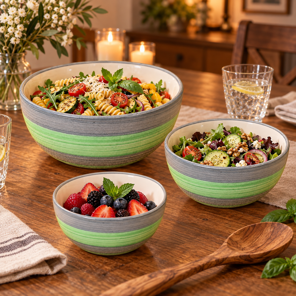KunhaR Ceramic Mixing Bowl Set, 800 ml, 600 ml & 400 ml, Green Gray | Set of 3 Nesting Bowls for Mixing, Serving, Salad, Pasta, Snacks & Kitchen Prep - Image 5