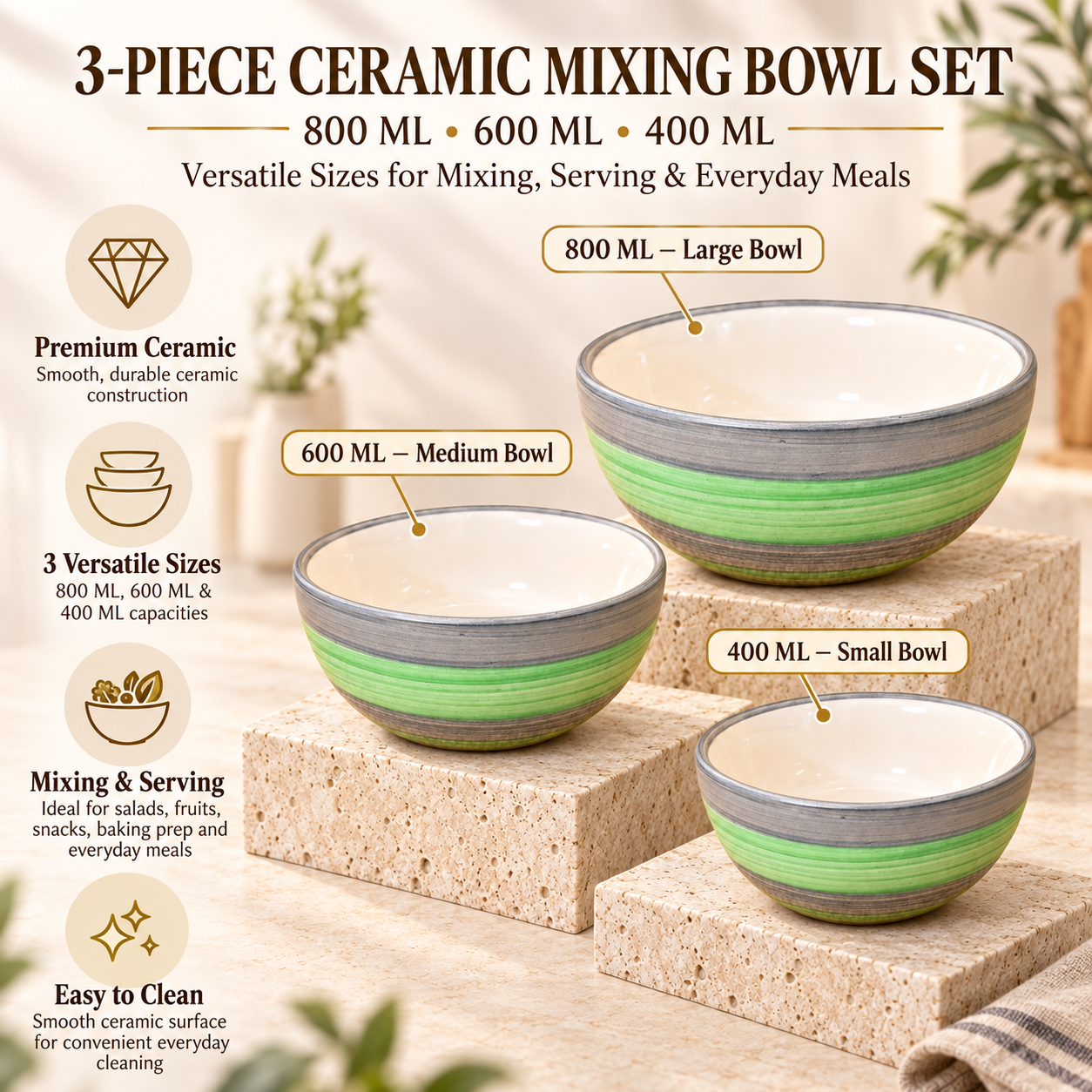 KunhaR Ceramic Mixing Bowl Set, 800 ml, 600 ml & 400 ml, Green Gray | Set of 3 Nesting Bowls for Mixing, Serving, Salad, Pasta, Snacks & Kitchen Prep - Image 7