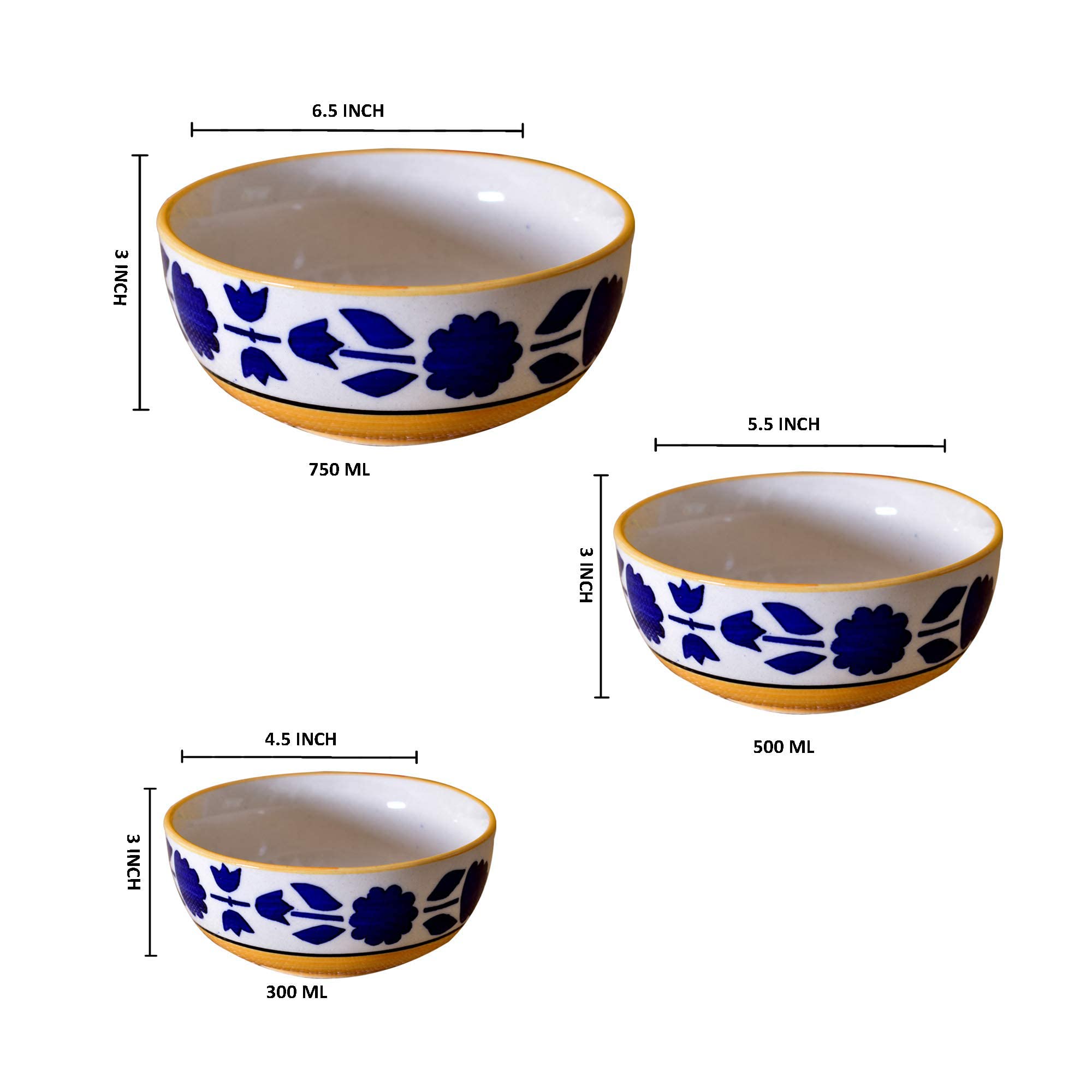 Kunhar Ceramic Mixing Bowls - 750 ML, 500 ML and 300 ML, 3 Pieces, Yellow Blue - Image 3