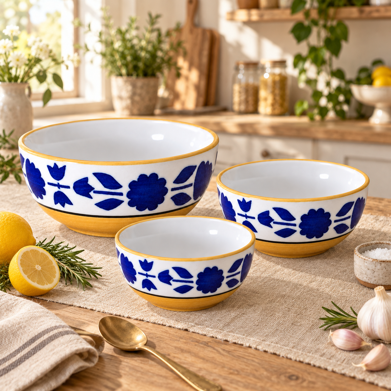 KunhaR Ceramic Mixing Bowl Set, 800 ml, 600 ml & 400 ml, Yellow Blue | Set of 3 Nesting Bowls for Mixing, Serving, Salad, Pasta, Snacks & Kitchen Prep