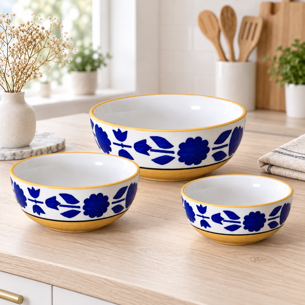KunhaR Ceramic Mixing Bowl Set, 800 ml, 600 ml & 400 ml, Yellow Blue | Set of 3 Nesting Bowls for Mixing, Serving, Salad, Pasta, Snacks & Kitchen Prep - Image 2