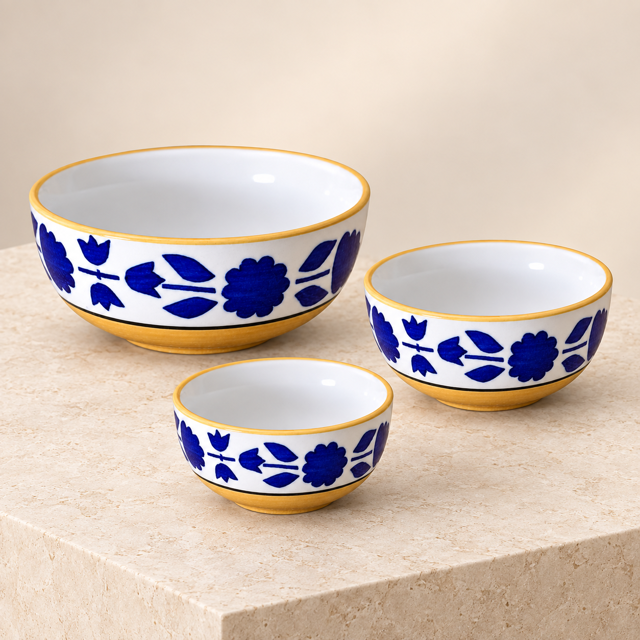 KunhaR Ceramic Mixing Bowl Set, 800 ml, 600 ml & 400 ml, Yellow Blue | Set of 3 Nesting Bowls for Mixing, Serving, Salad, Pasta, Snacks & Kitchen Prep - Image 6
