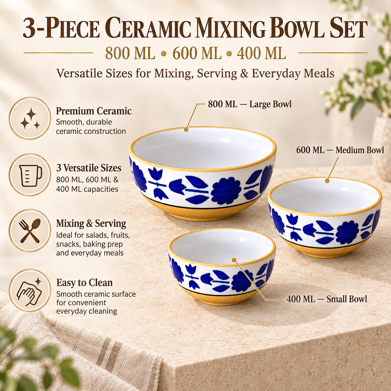 KunhaR Ceramic Mixing Bowl Set, 800 ml, 600 ml & 400 ml, Yellow Blue | Set of 3 Nesting Bowls for Mixing, Serving, Salad, Pasta, Snacks & Kitchen Prep - Image 7