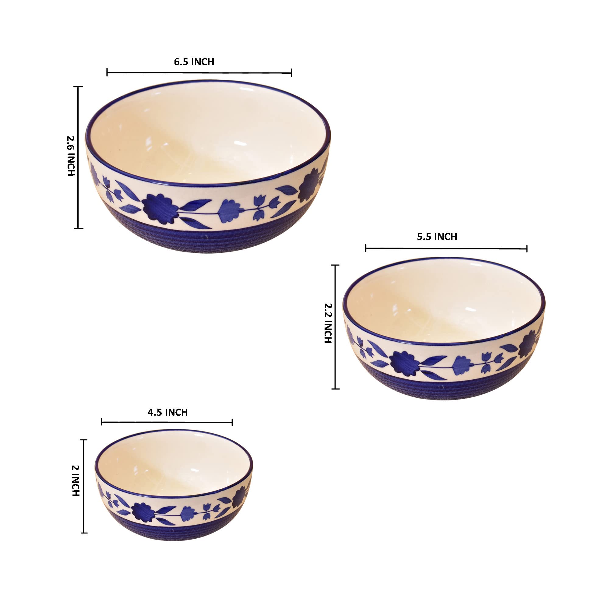 Kunhar Ceramic Mixing Bowls - 750 ML, 500 ML and 300 ML, 3 Pieces, Blue - Image 2