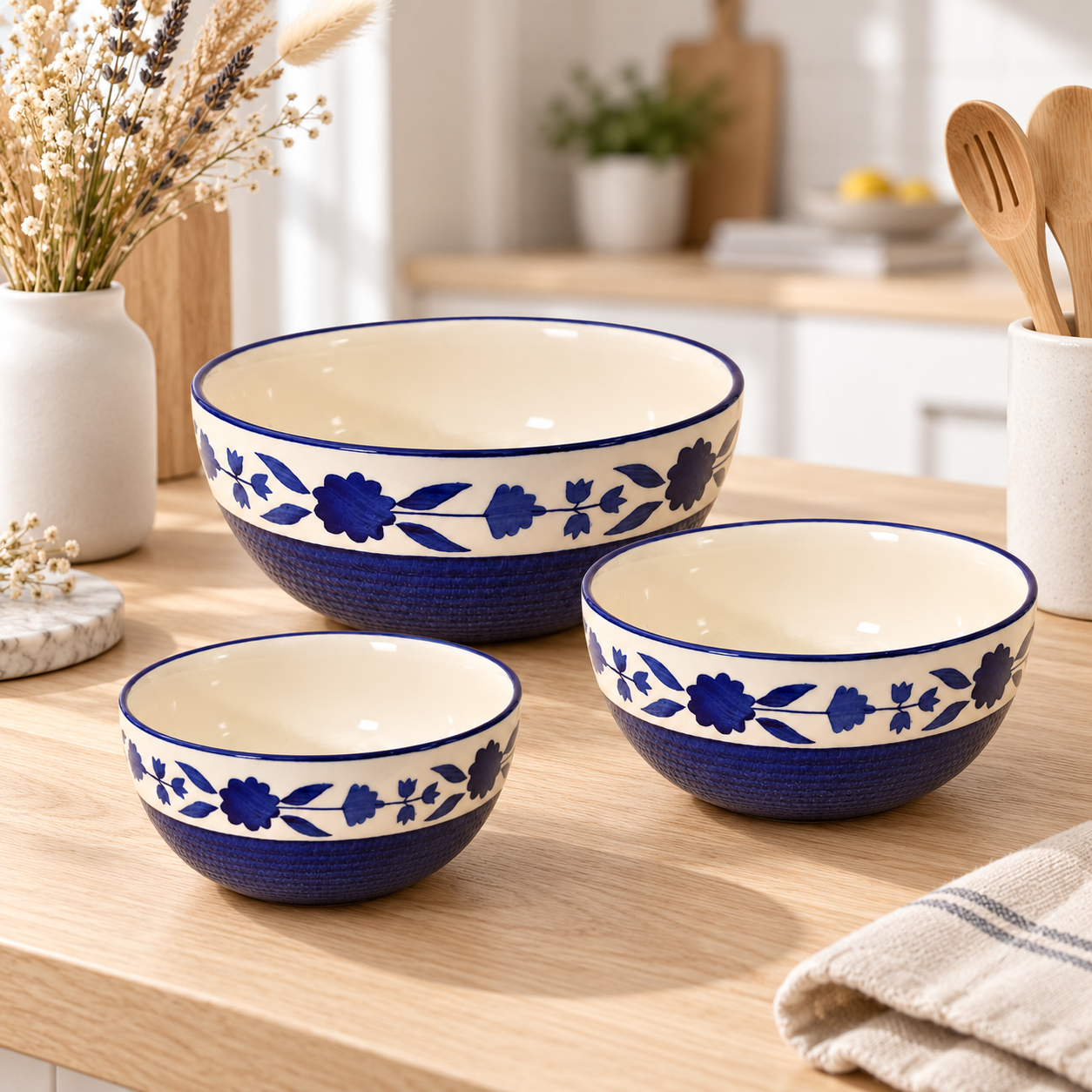 KunhaR Ceramic Mixing Bowl Set, 800 ml, 600 ml & 400 ml, Blue | Set of 3 Nesting Bowls for Mixing, Serving, Salad, Pasta, Snacks & Kitchen Prep - Image 2