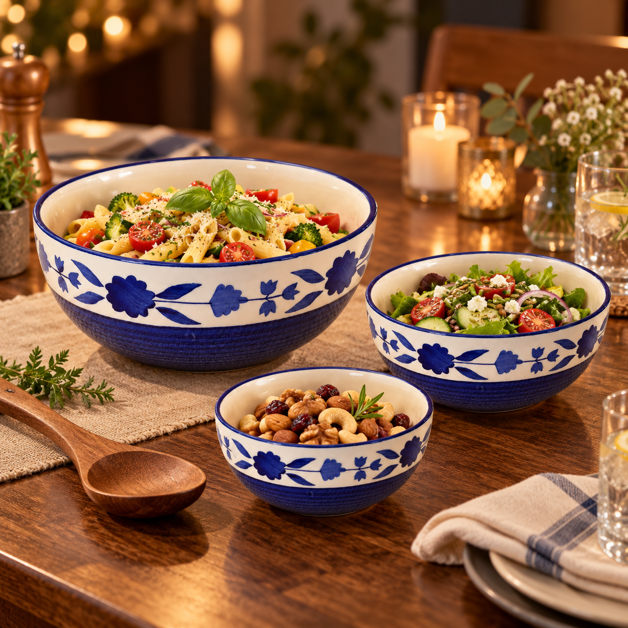 KunhaR Ceramic Mixing Bowl Set, 800 ml, 600 ml & 400 ml, Blue | Set of 3 Nesting Bowls for Mixing, Serving, Salad, Pasta, Snacks & Kitchen Prep - Image 3