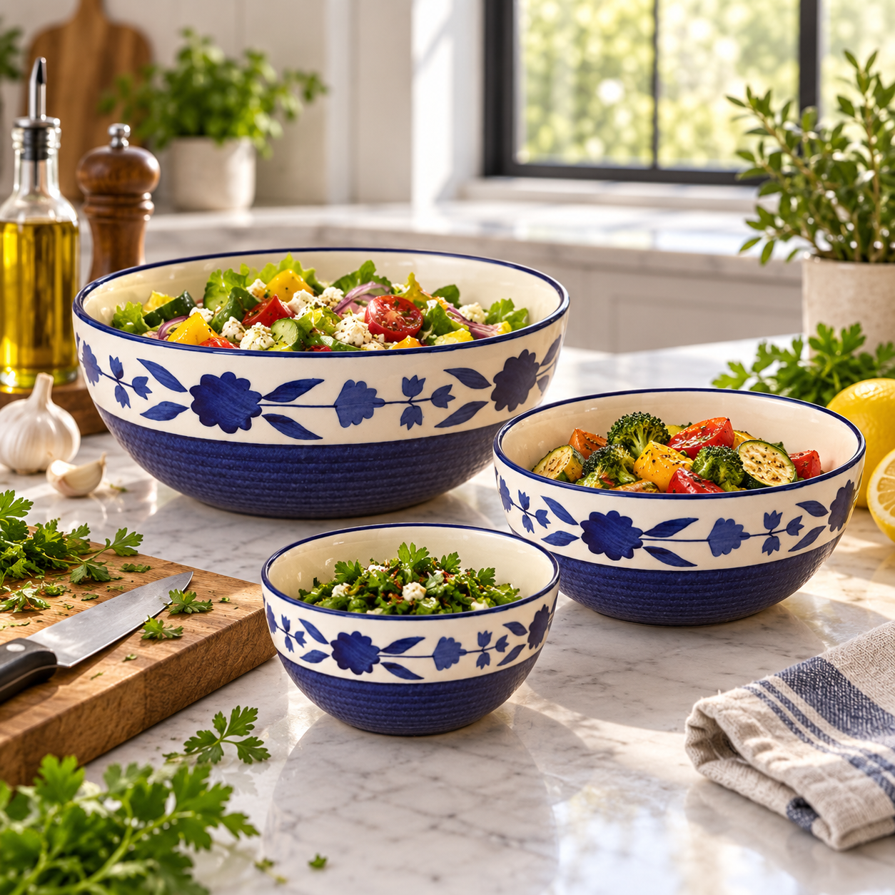 KunhaR Ceramic Mixing Bowl Set, 800 ml, 600 ml & 400 ml, Blue | Set of 3 Nesting Bowls for Mixing, Serving, Salad, Pasta, Snacks & Kitchen Prep - Image 4